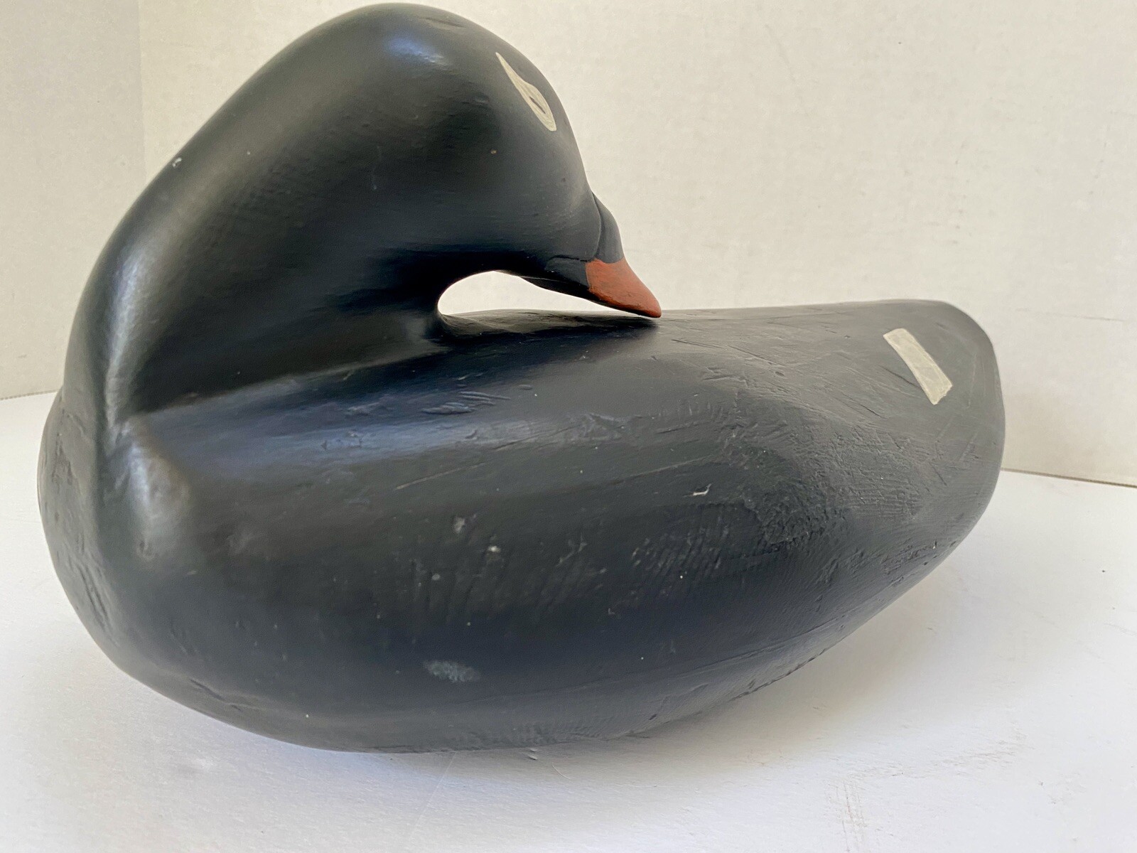 Carved Scoter Duck Decoy, Turned Back Head Position, Solid Body, Painted Eyes