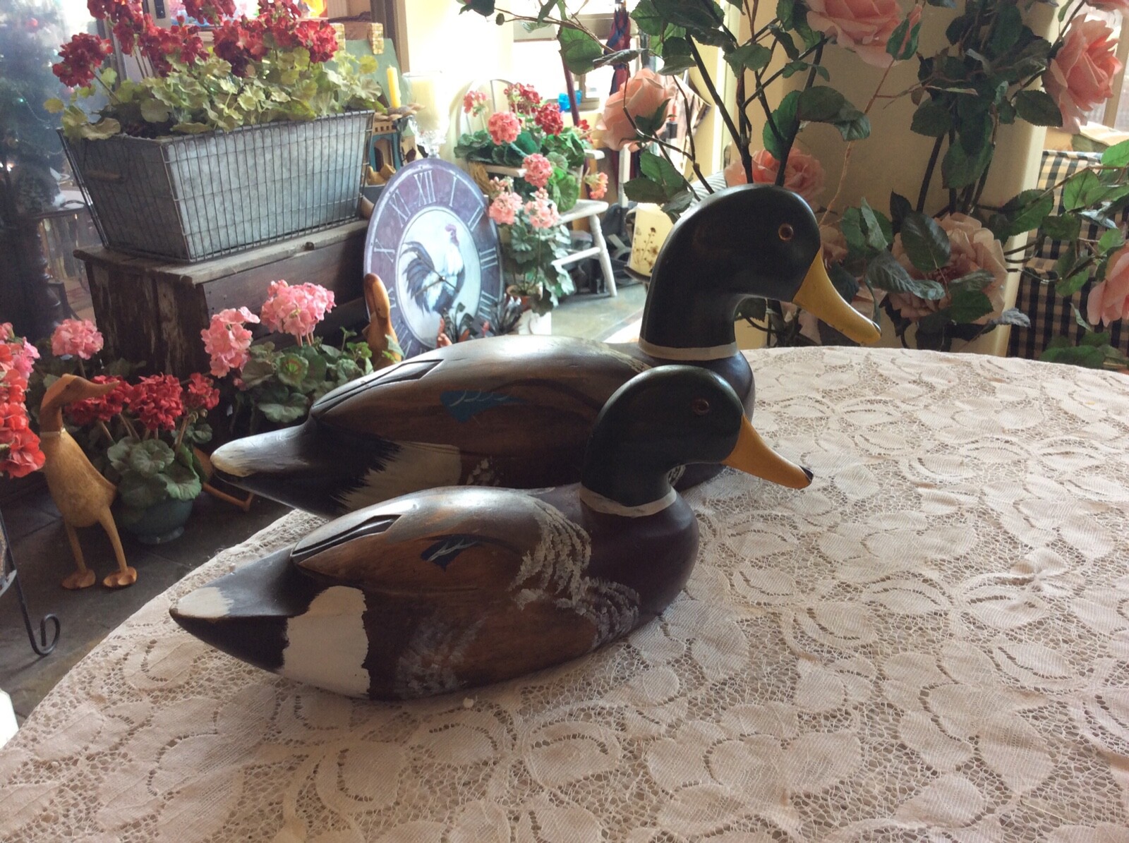 Pair Wooden Duck Decoy~Glass Eyes-Hand Made And Painted 13 3/4″ –10 1/4″ Long