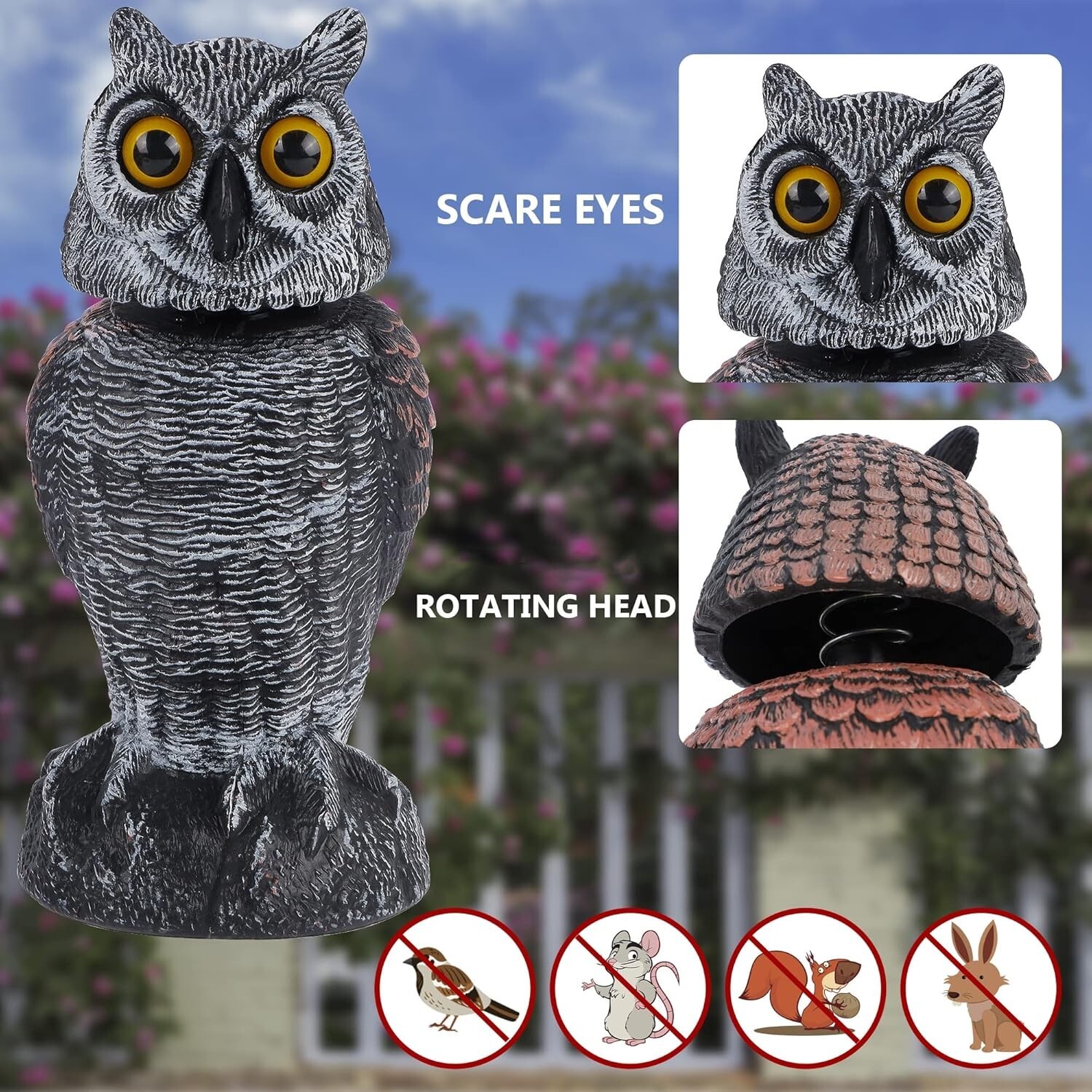 All-Season Outdoor Owl Decoy – 2 Pack Rotating Head Sculptures for Yard Safety