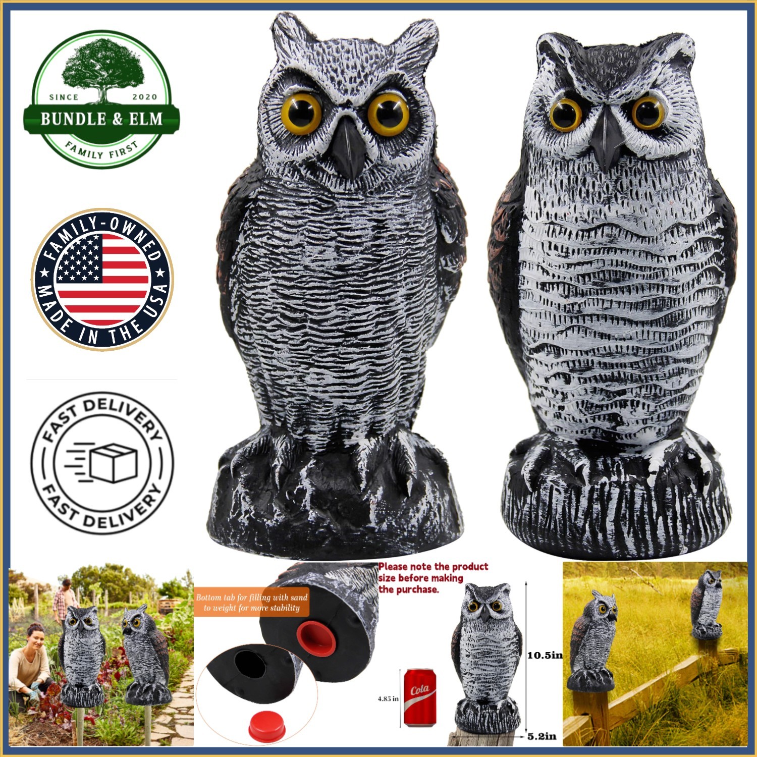 2 Pack Horned Owl Bird Scarecrow Decoys for Garden Pest Control Decoration