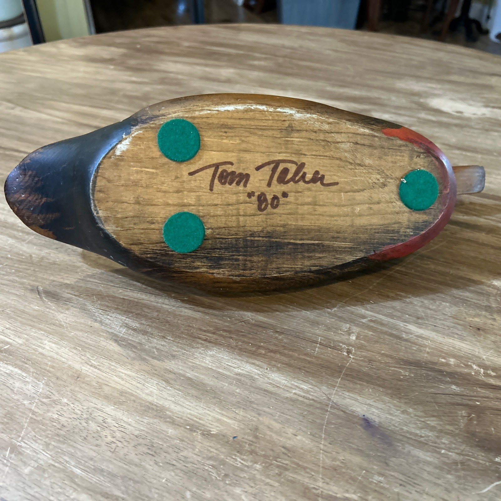VINTAGE TOM TABER CARVED WOODEN DUCK DECOY – 15.5” LONG MALLARD DRAKE