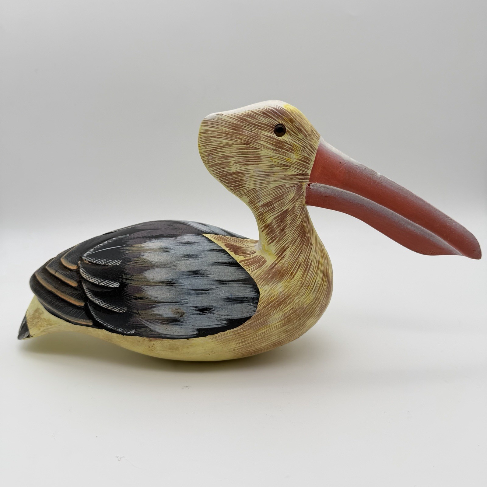 Vintage Beautiful Hand Carved & Painted Wooden Pelican Decoy 13”