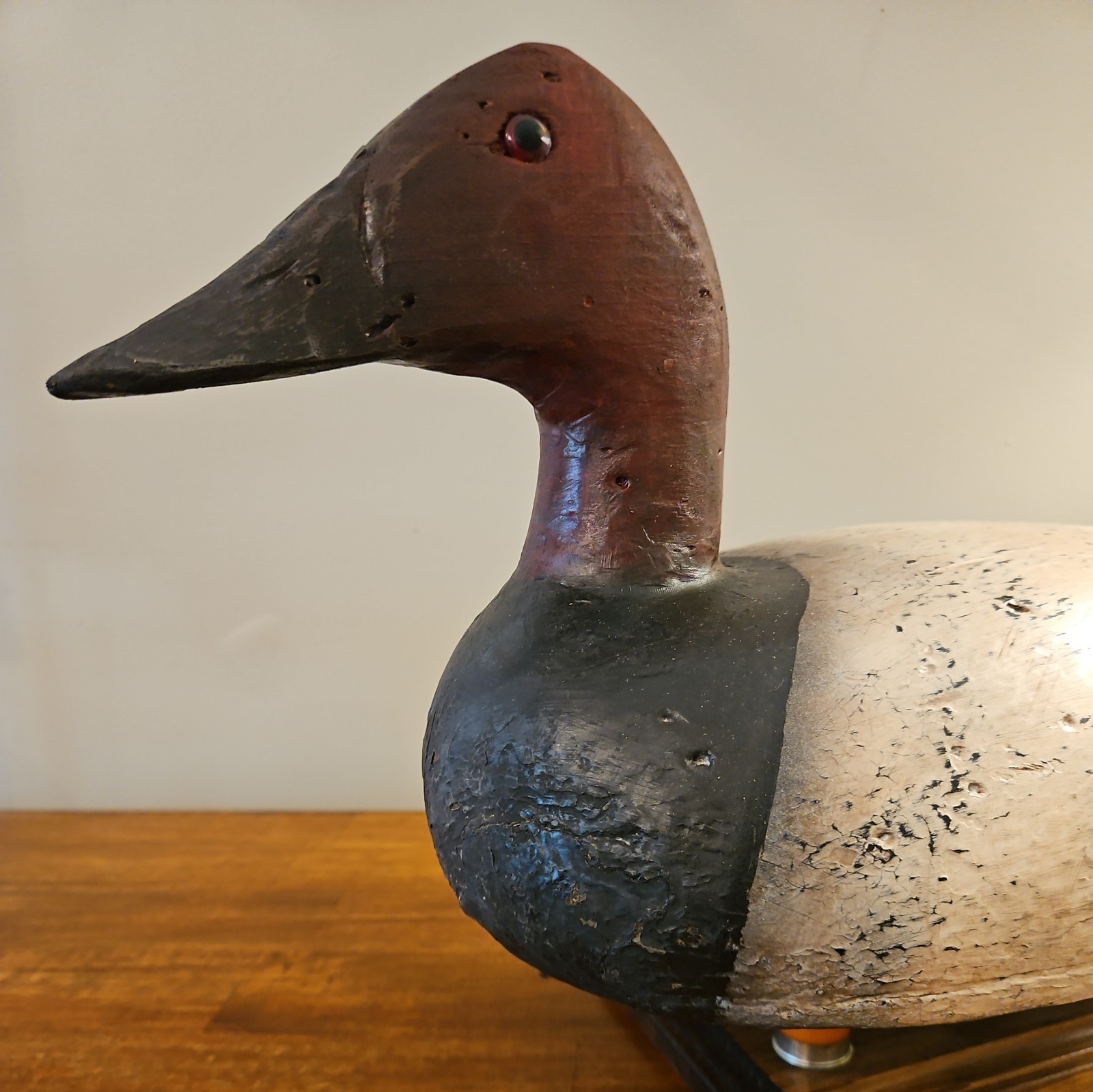 LARGE VINTAGE CANVASBACK DUCK DECOY, Solid Wood, Glass Eyes, stand not included