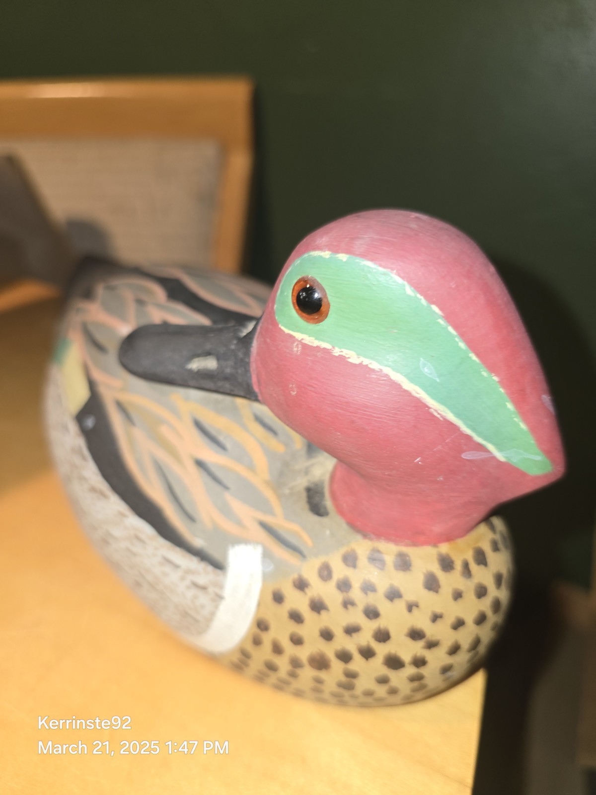 VTG 80s Hand Carved Solid Wood Decoy Duck Sleeper Green Winged Teal Drake Signed
