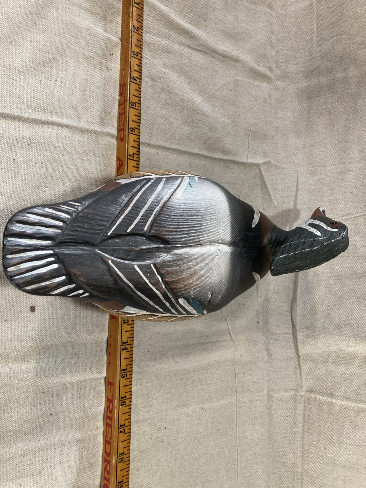 Vintage Handmade Wooden Duck Decoy Drake 15” Long Signed,Glass Eyes Stunning