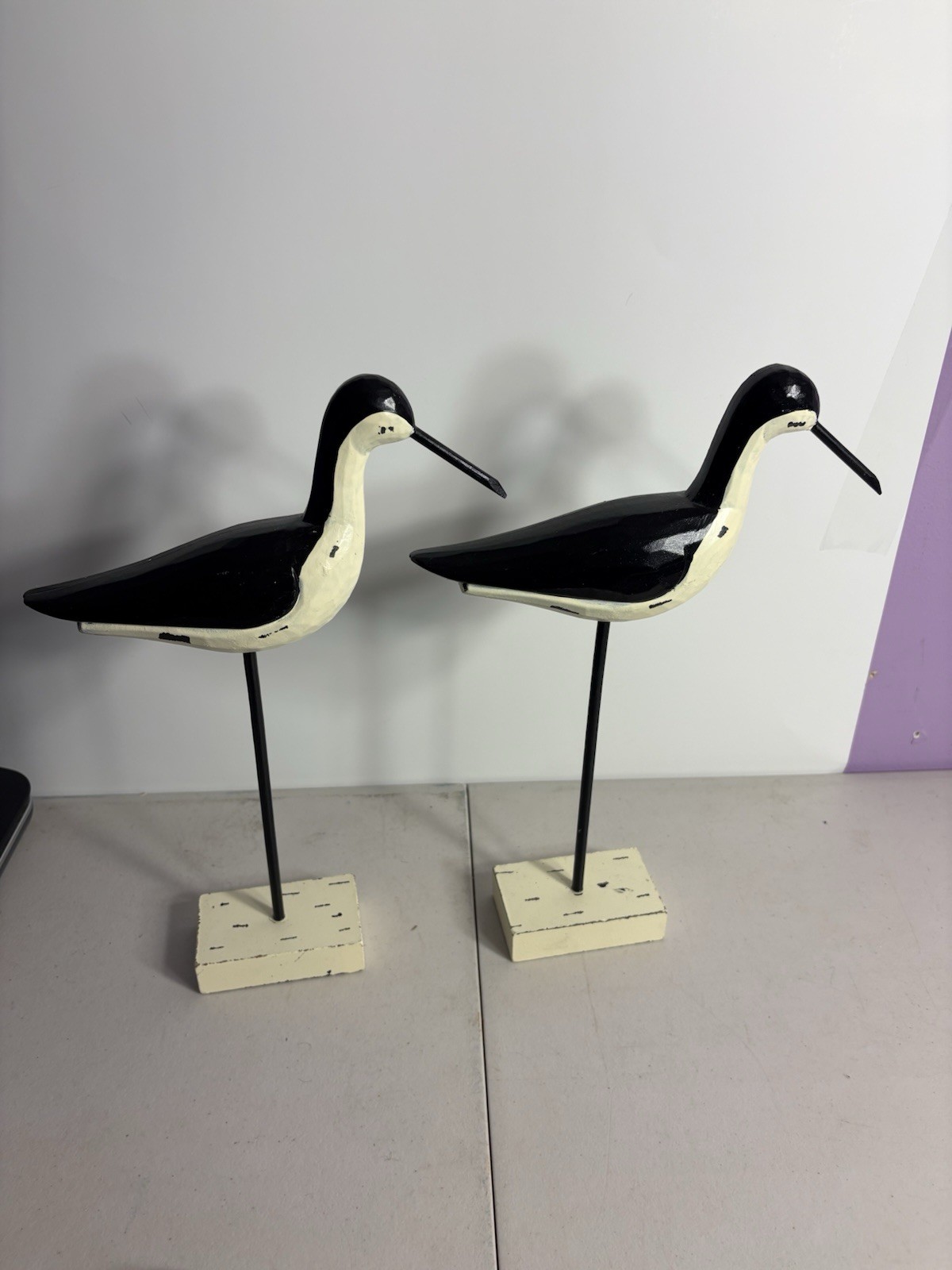 Set of 2 14” Sandpiper Shore Birds Decoys Carved Wooden Stand Black White EUC