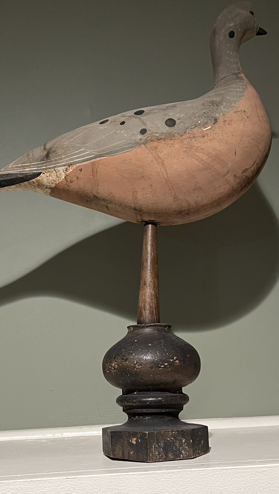 Early Antique Large Carved Wood Mourning Dove Shorebird Decoy Bird And Stand 23”