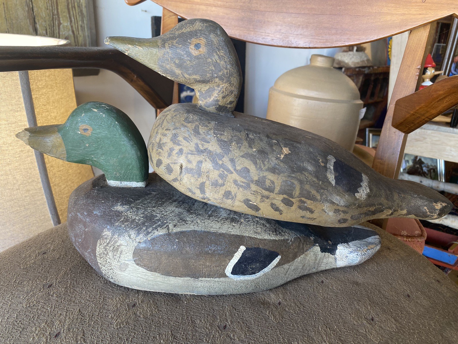 PAIR Antique DUCK DECOYS HAND CARVED ORIGINAL PAINT FOLK ART Mallard Spotted