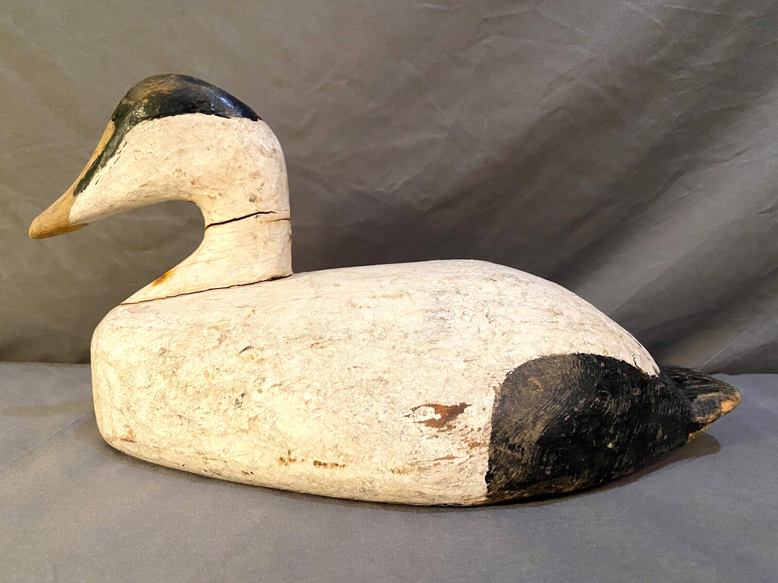 Carved Eider Duck Decoy, 2 Leather Tie Loops on Base, Original Paint, Unsigned