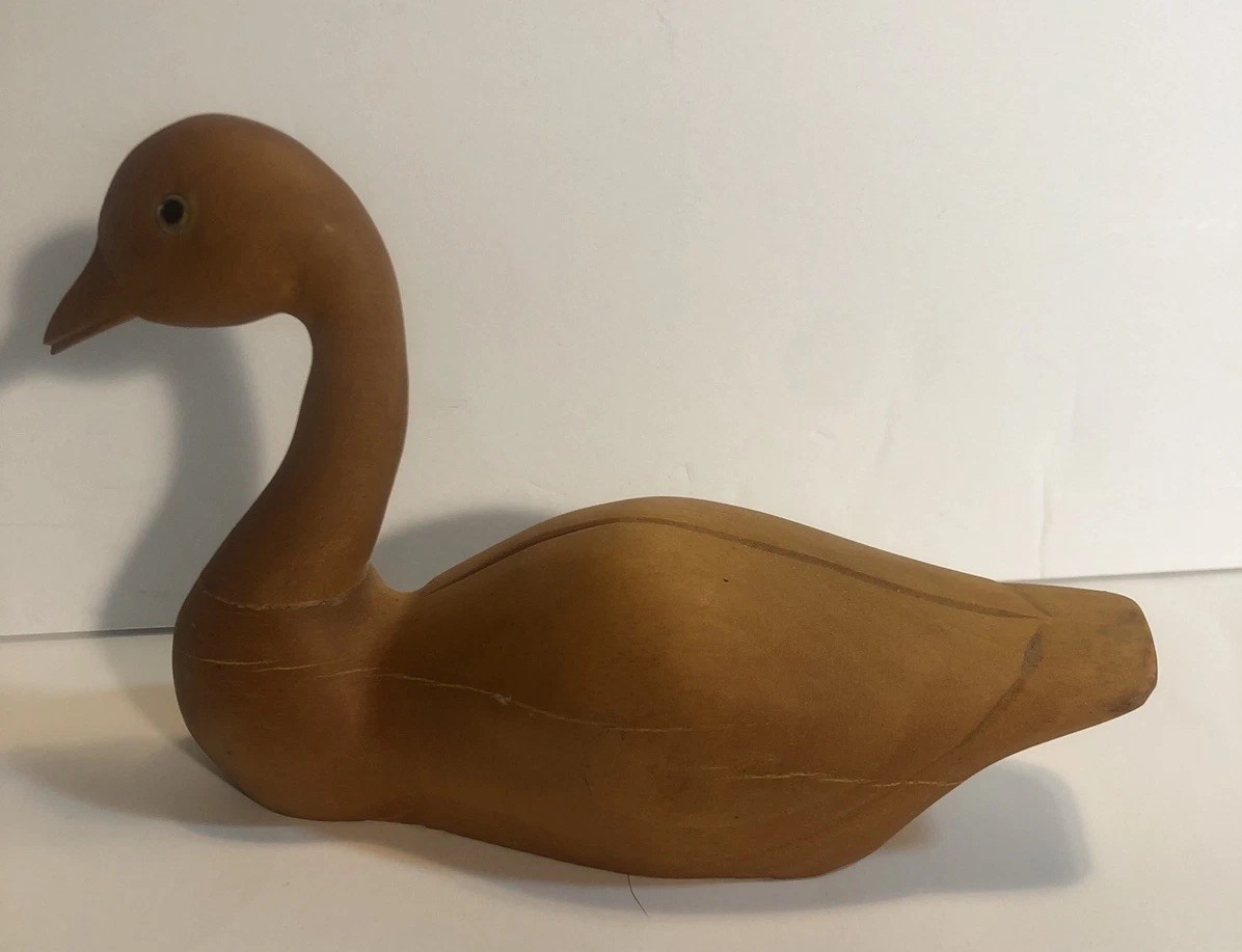 Vintage Carved Wood Duck Goose Decoy Natural Woodgrain Unpainted Glass Eyes 6.5”