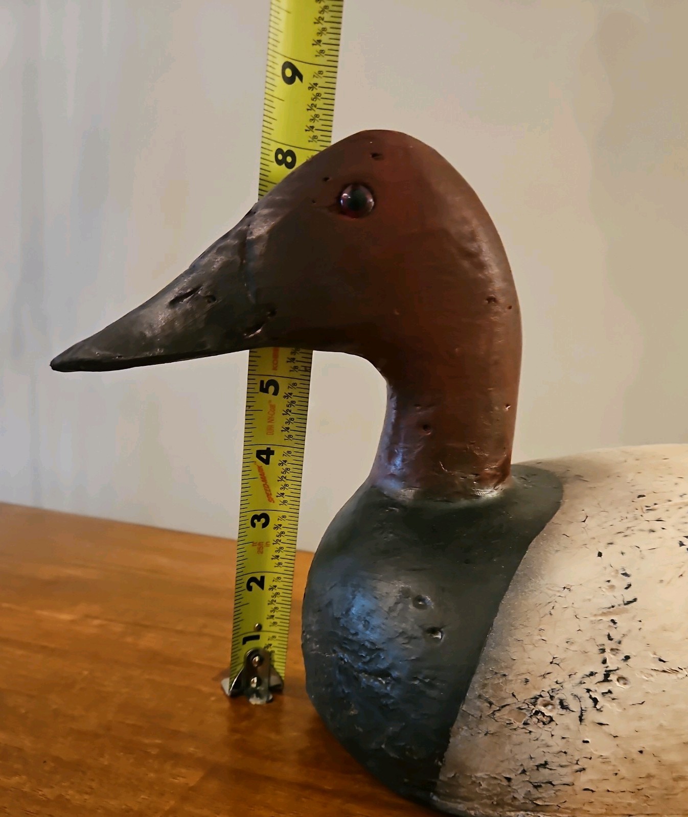 LARGE VINTAGE CANVASBACK DUCK DECOY, Solid Wood, Glass Eyes, stand not included