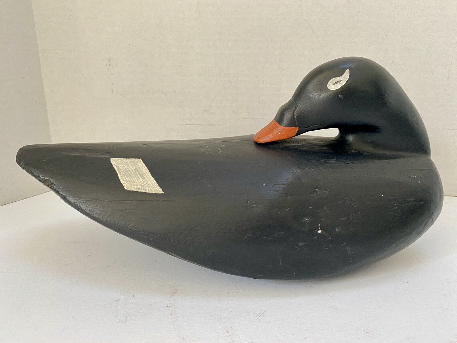 Carved Scoter Duck Decoy, Turned Back Head Position, Solid Body, Painted Eyes