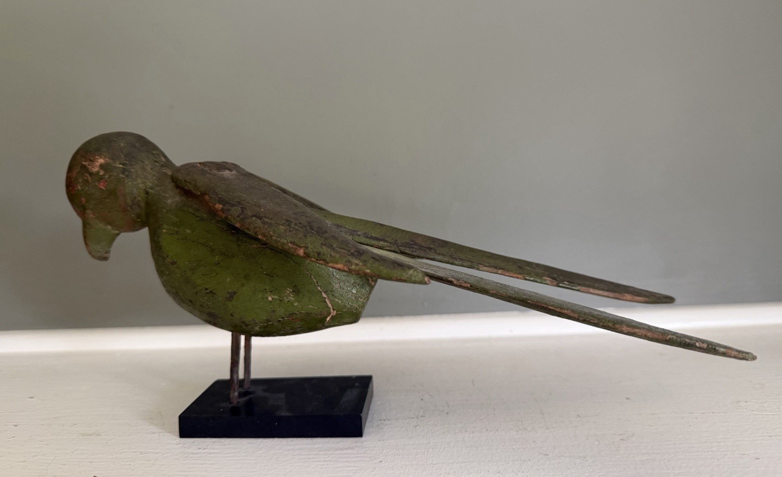 Antique Wood Carved Mechanical Red-Crowned Parrot Bird Decoy On Base Folk Art
