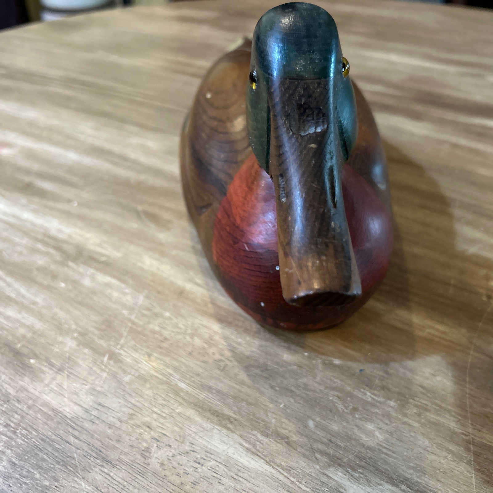 VINTAGE TOM TABER CARVED WOODEN DUCK DECOY – 15.5” LONG MALLARD DRAKE