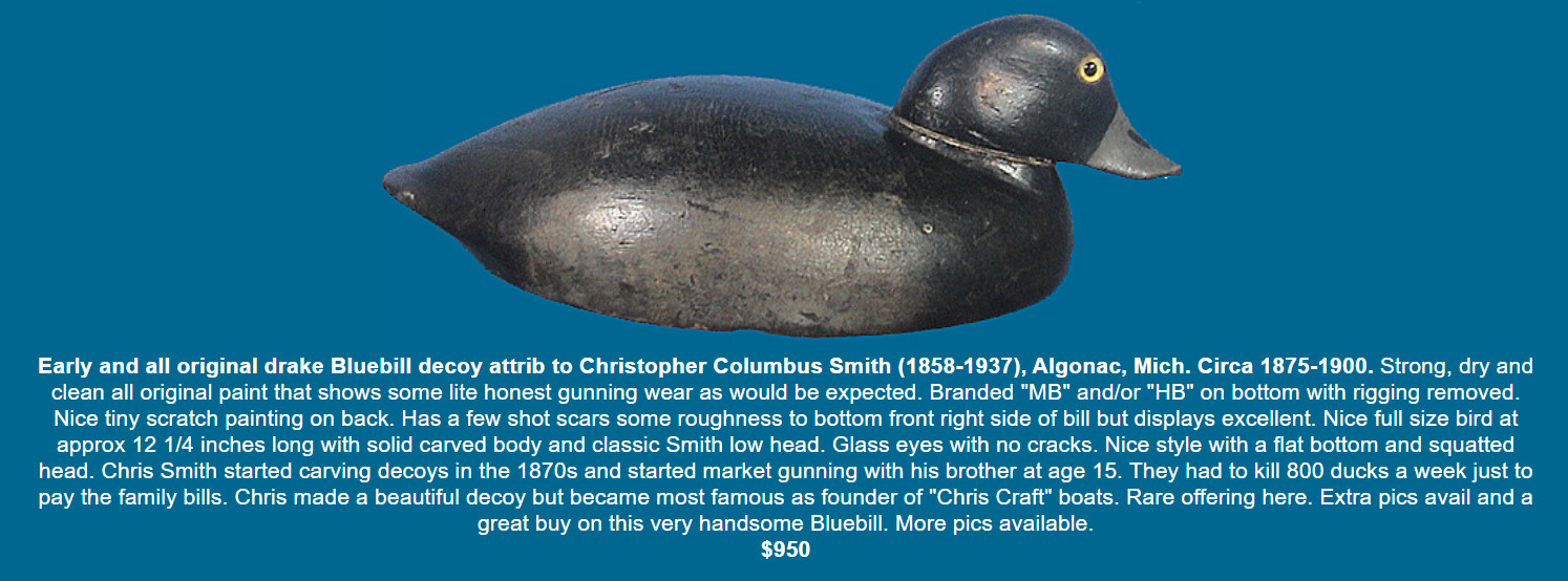 antique duck decoy, Christopher Columbus Smith, Chris craft, antique decoy