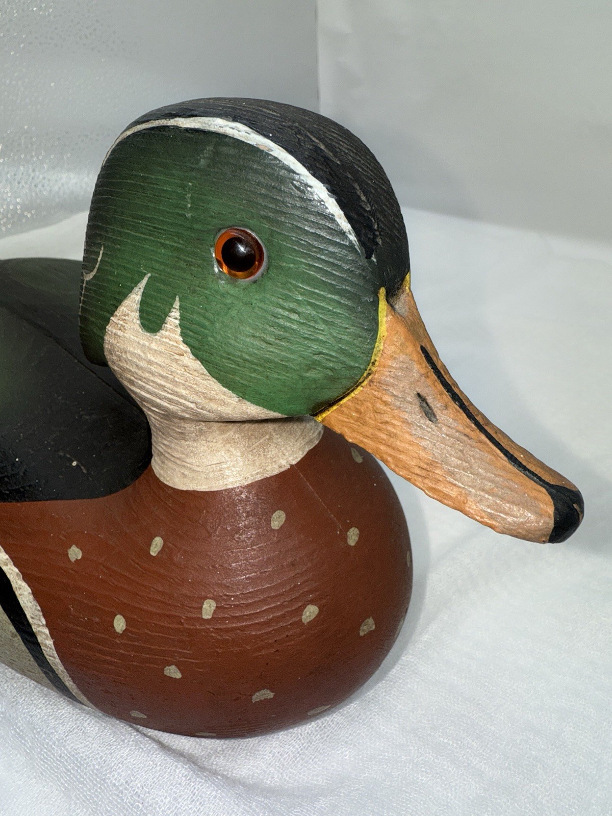 Vintage Wood Duck Drake Hand Painted Signed by Artist 3-25-83 Glass Eyes