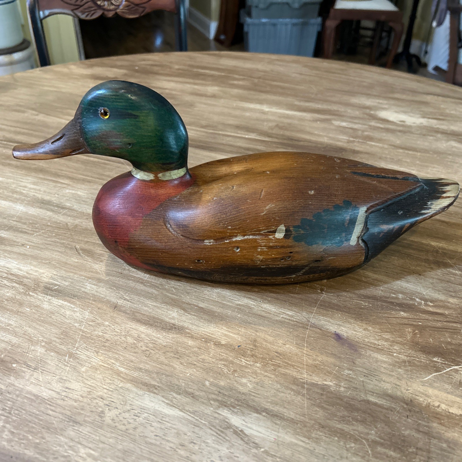 VINTAGE TOM TABER CARVED WOODEN DUCK DECOY – 15.5” LONG MALLARD DRAKE