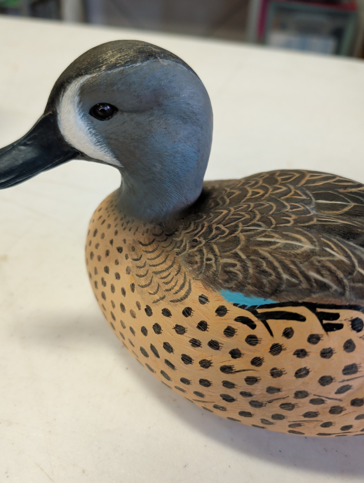 Blue Winged Teal Decoy. Chipped Tail Feather