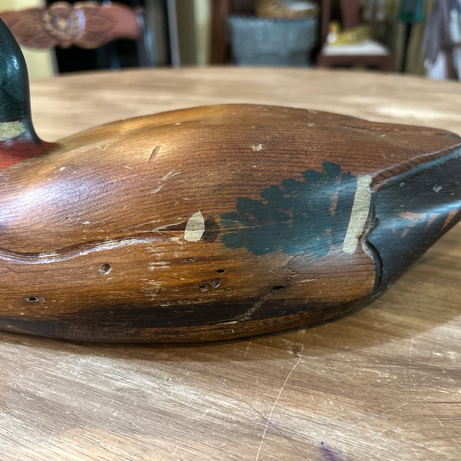 VINTAGE TOM TABER CARVED WOODEN DUCK DECOY – 15.5” LONG MALLARD DRAKE