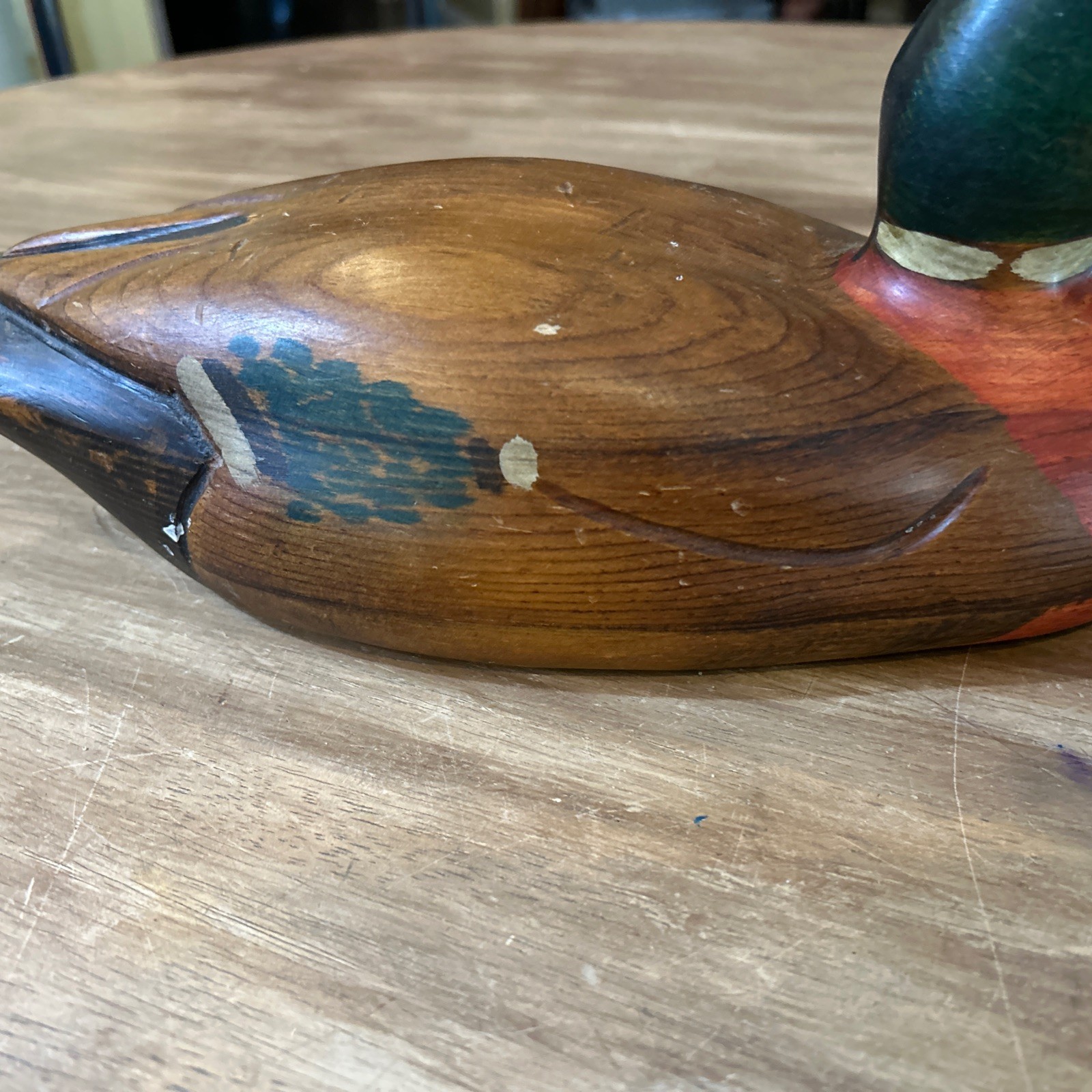 VINTAGE TOM TABER CARVED WOODEN DUCK DECOY – 15.5” LONG MALLARD DRAKE