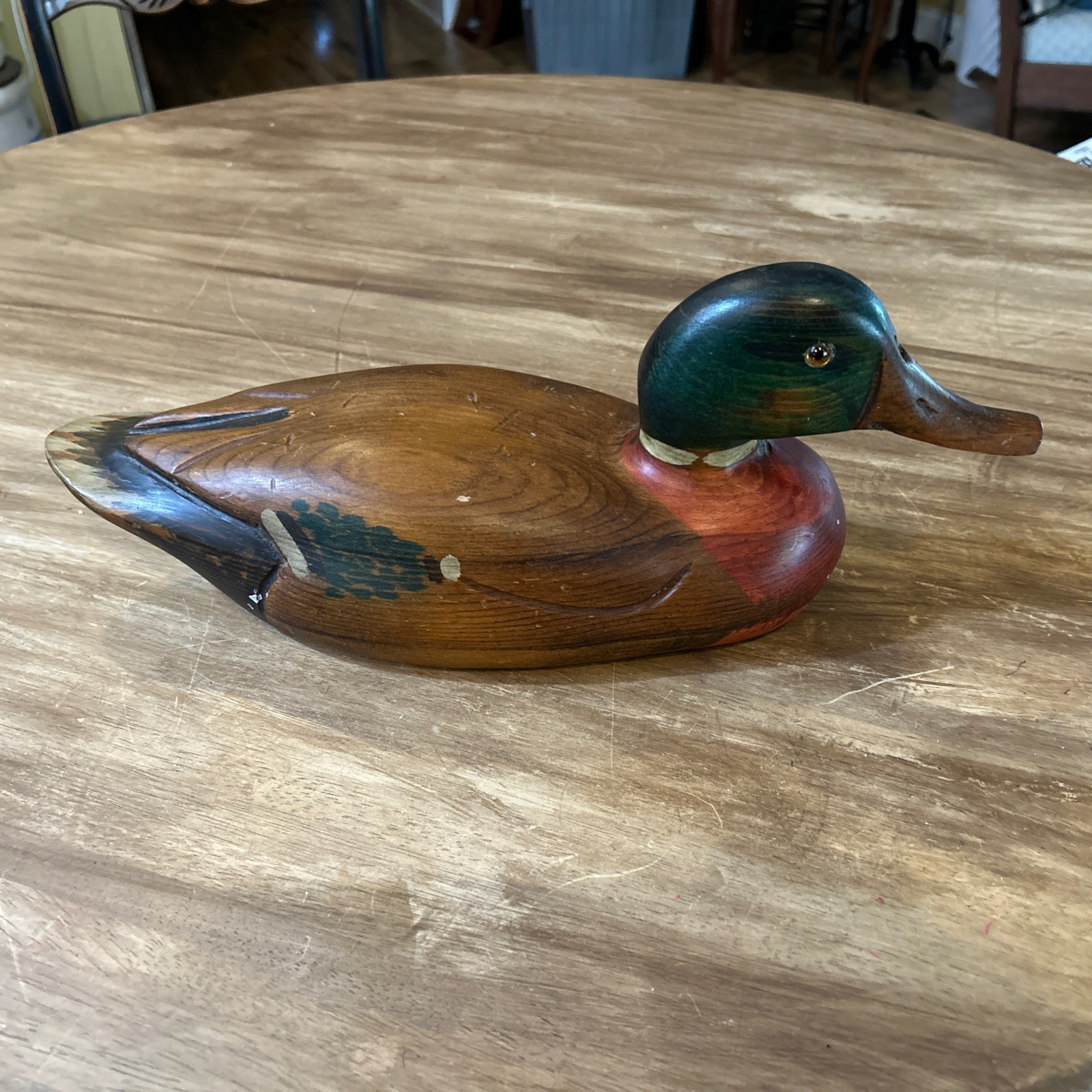 VINTAGE TOM TABER CARVED WOODEN DUCK DECOY – 15.5” LONG MALLARD DRAKE