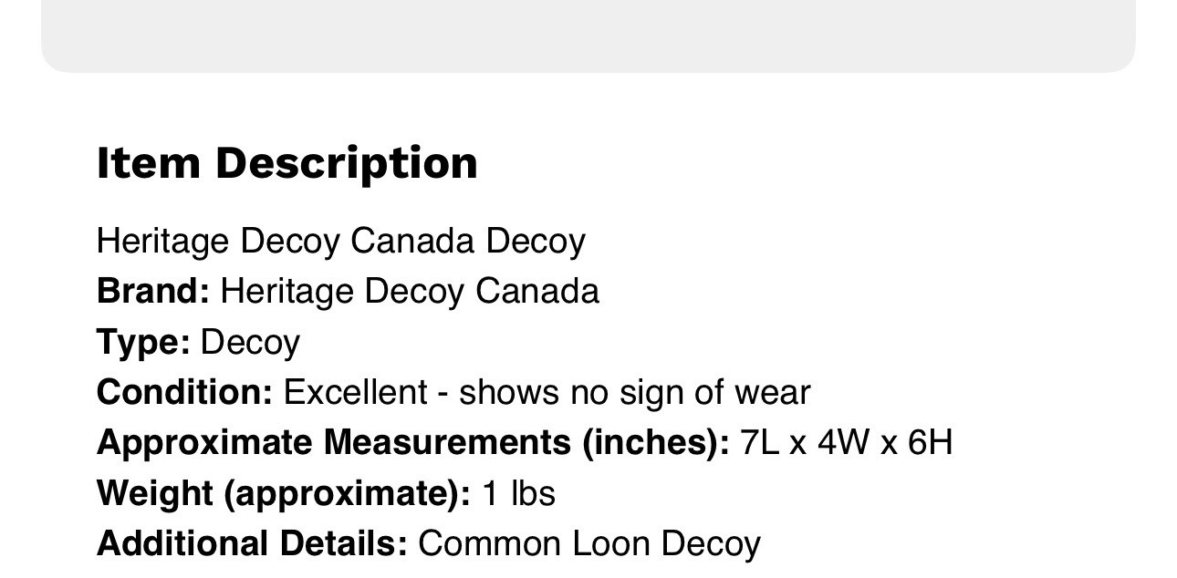 Heritage Decoy Canada Common Loon Collectible Free Shipping ***Please Read***