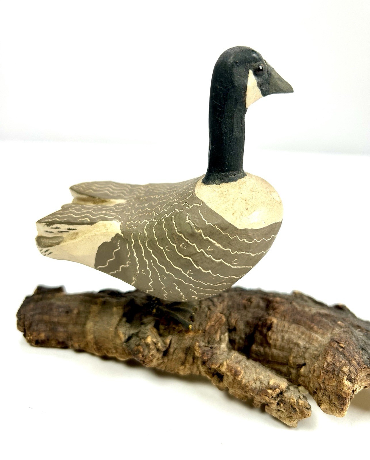 Vintage Hand Carved Painted Wood Standing Canada Goose Carving Figure On Bark