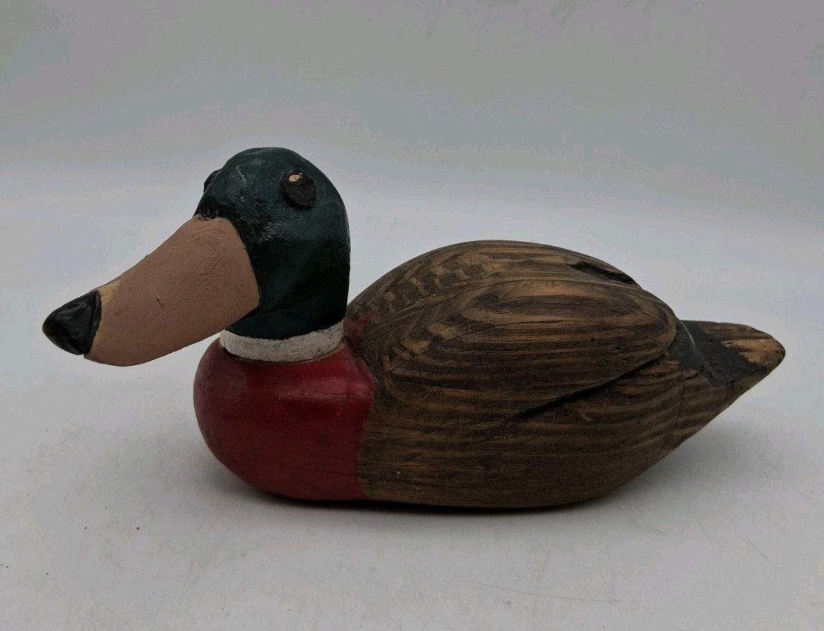 Folk Art Wooden Mallard Duck Decoy Hand Painted Carved Original Bird Vintage 8”