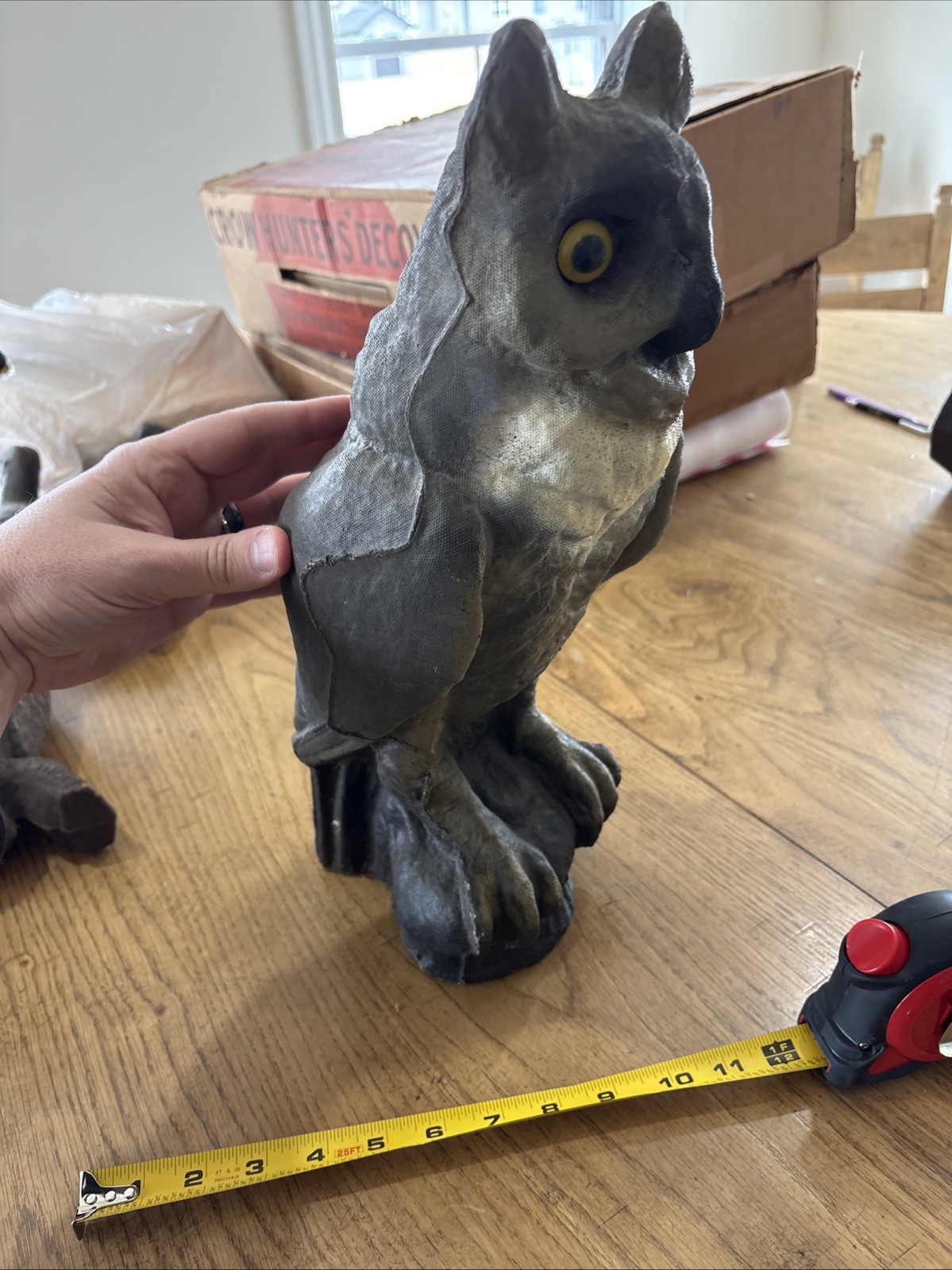Vintage Halloween Decor 16″ Tall Paper Mache Owl Hunting Decoy Glass Eyes Sprayd