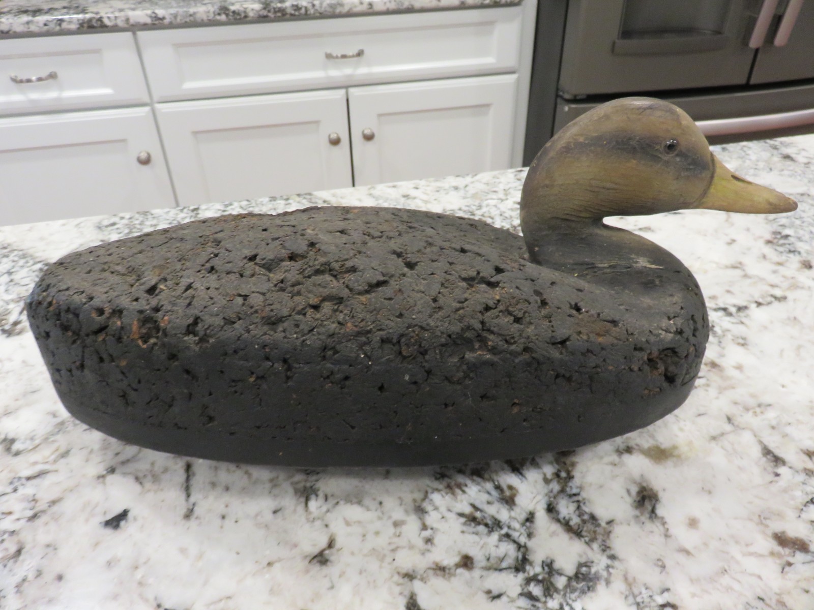 Vintage Cork Brown/Black Duck Decoy w/ Wood Base & Keel 16″ READ