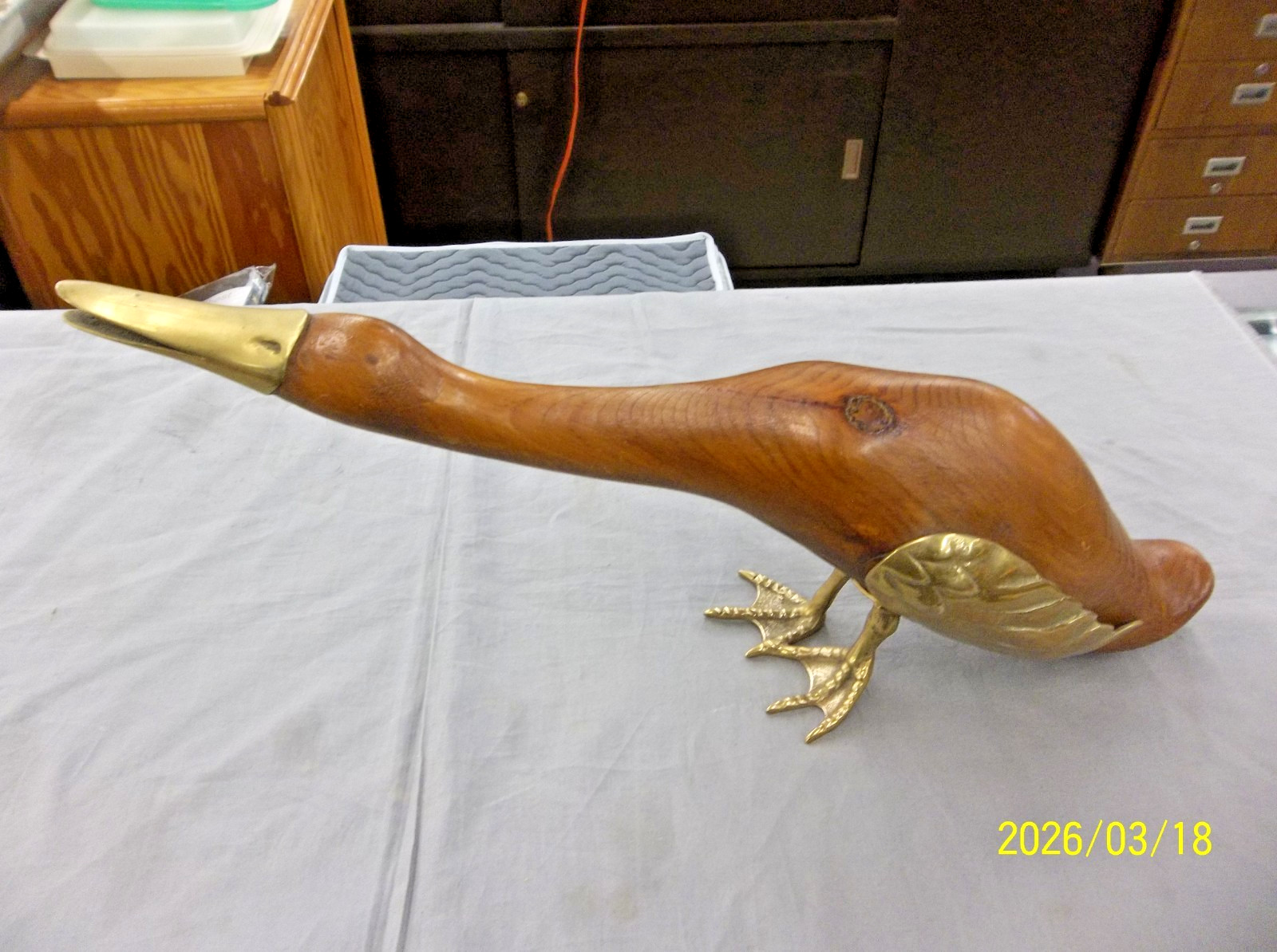 Vintage Italian Hand Carved Standing Wood /Brass Goose Sculpture 21″L 3LBS.