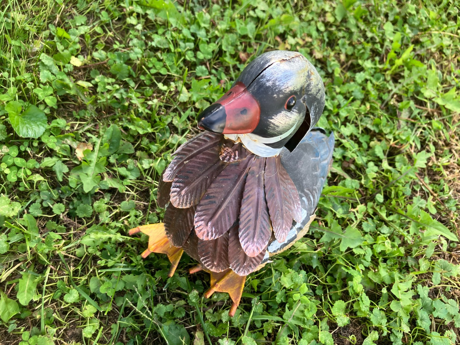 Vintage Metal Duck Decoy Male Mandarin Metal Wings 11 in tall Primitive Rare!