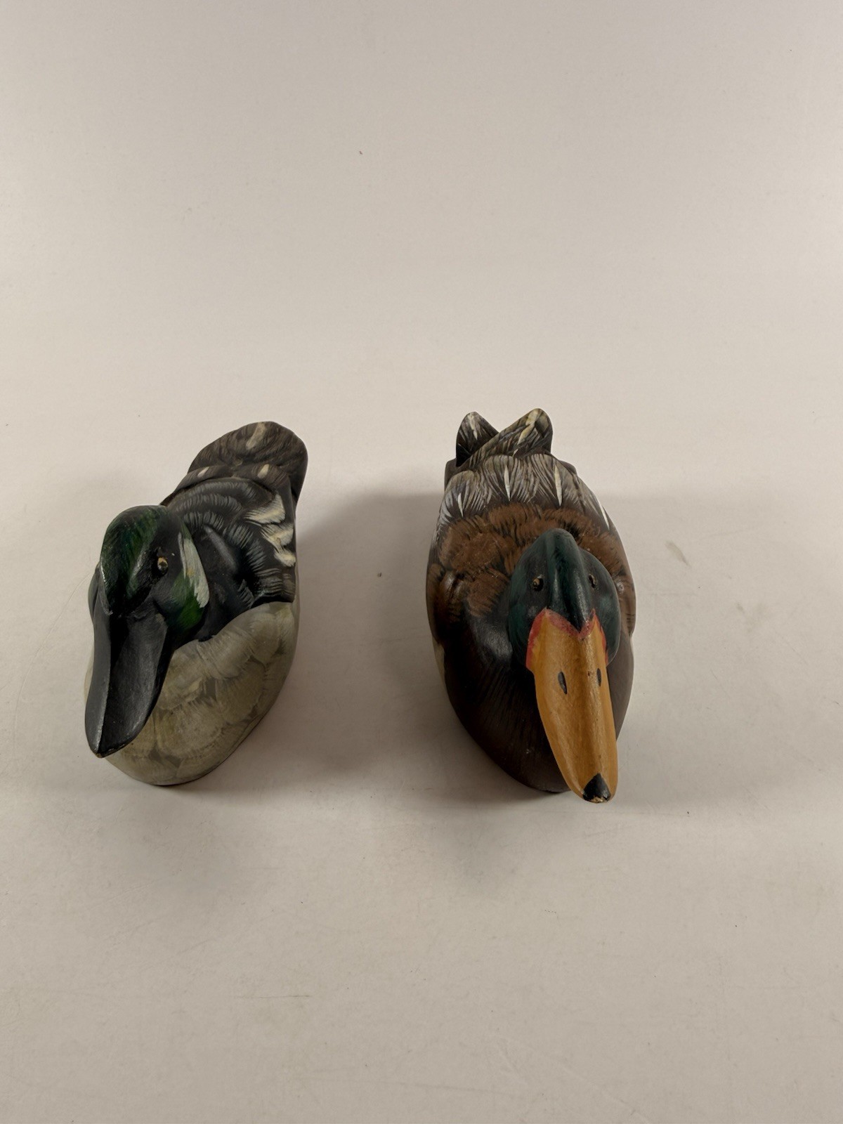 Pair of Hand Carved Wooden Duck Decoys Mallard & Goldeneye Signed Handmade