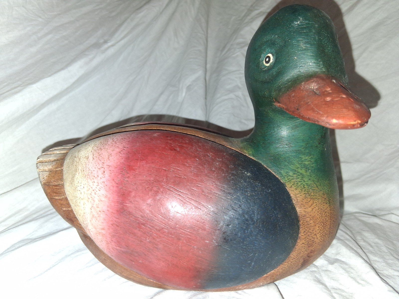 Beautiful vintage hand-carved mallard duck decoy made in Thailand .