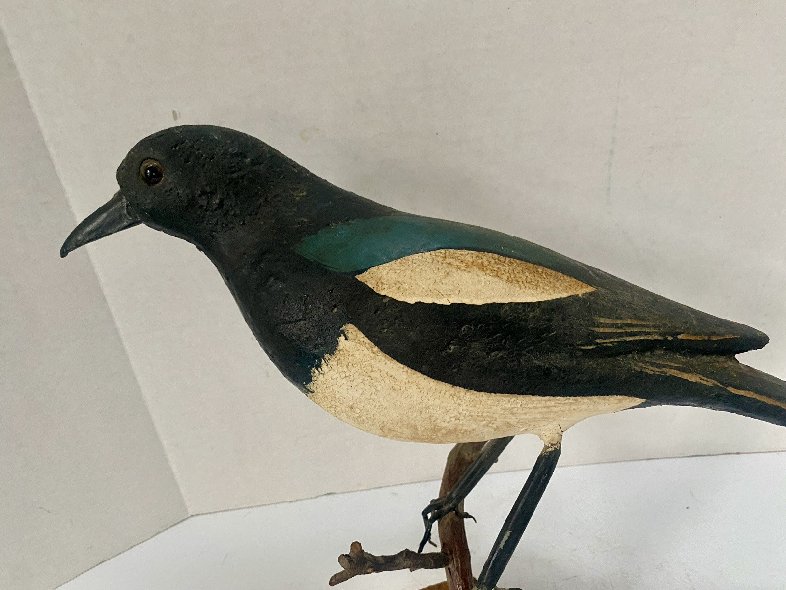 Vintage Magpie Bird Decorative Decoy, Glass Eyes, Wire Legs, Hand Painted