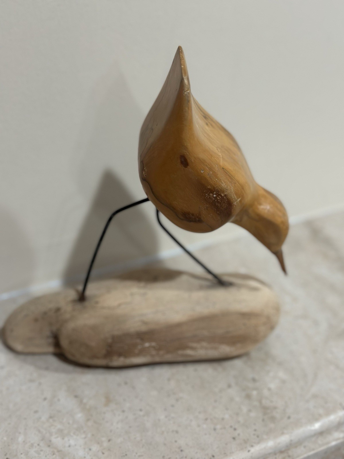 Shorebird Decoy On Driftwood Hand Carved Painted Vintage Antique Bird Statue