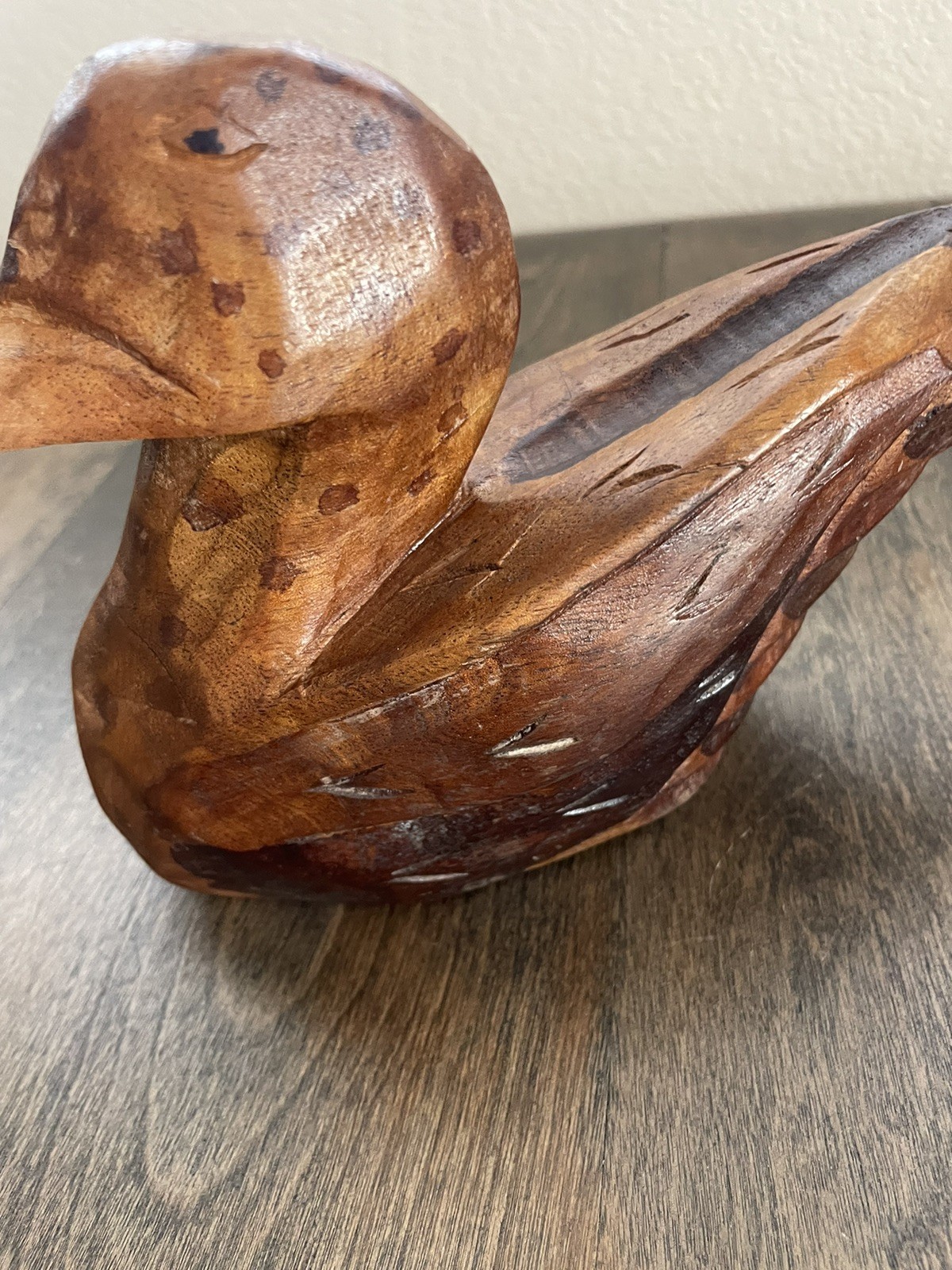 Solid Wood Duck Decoy Handmade & Carved Gorgeous Details 9” Long Wood Duck Decor