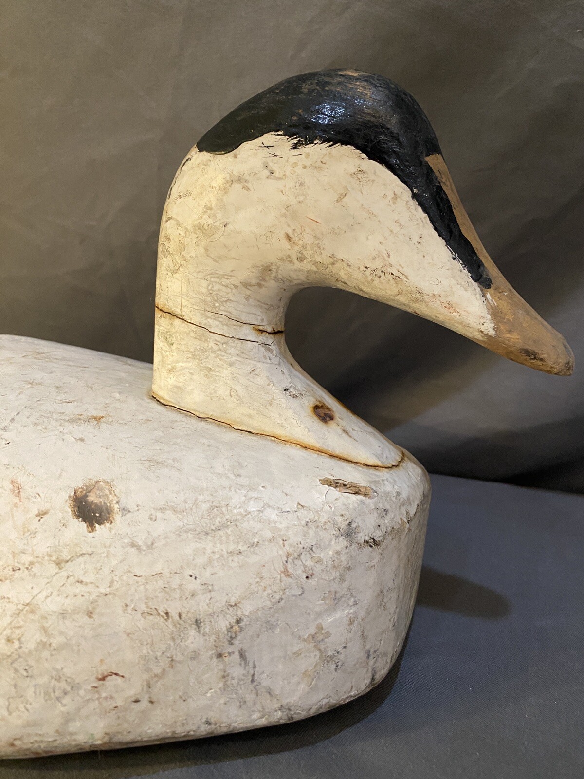 Carved Eider Duck Decoy, 2 Leather Tie Loops on Base, Original Paint, Unsigned