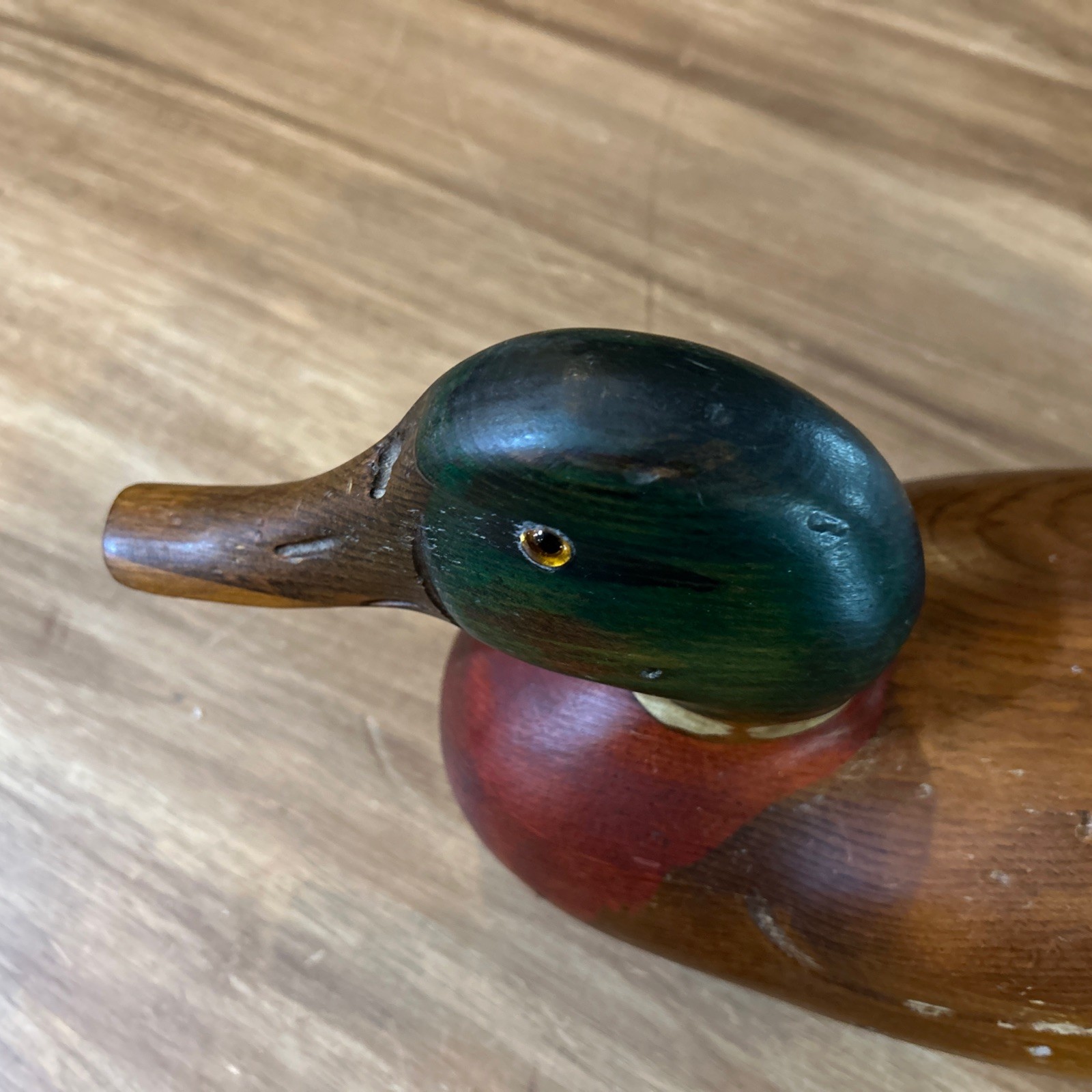 VINTAGE TOM TABER CARVED WOODEN DUCK DECOY – 15.5” LONG MALLARD DRAKE