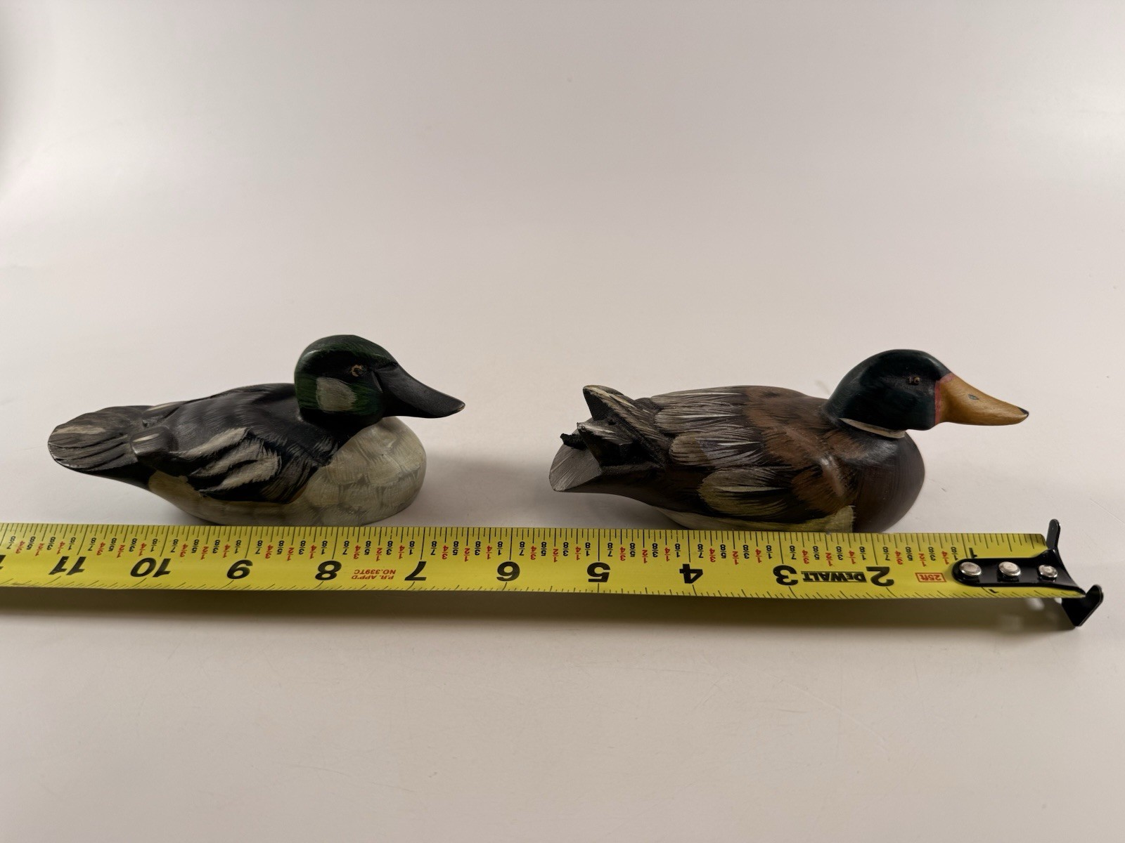 Pair of Hand Carved Wooden Duck Decoys Mallard & Goldeneye Signed Handmade