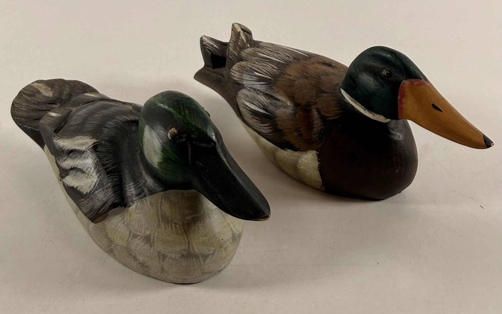 Pair of Hand Carved Wooden Duck Decoys Mallard & Goldeneye Signed Handmade