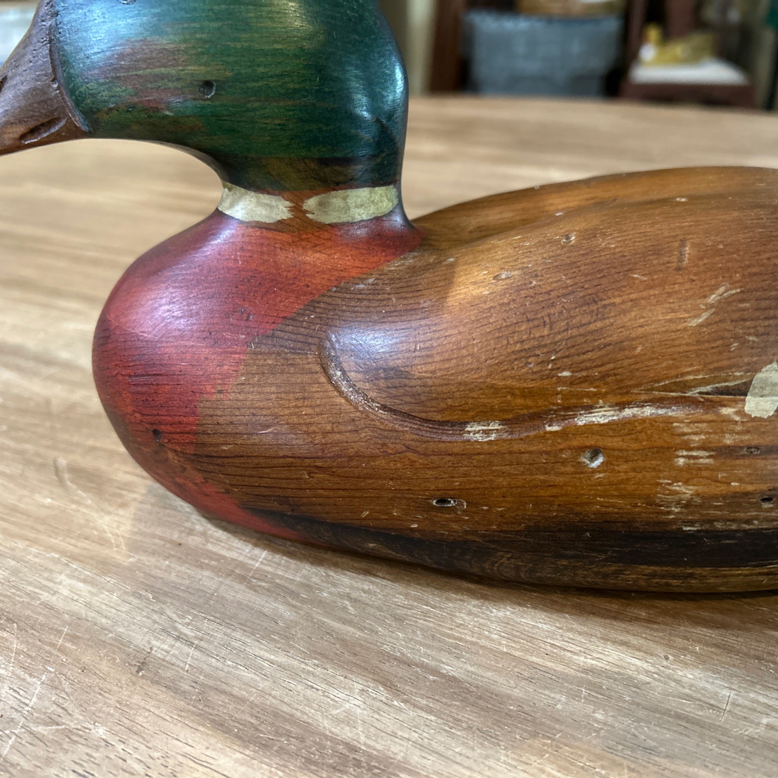 VINTAGE TOM TABER CARVED WOODEN DUCK DECOY – 15.5” LONG MALLARD DRAKE