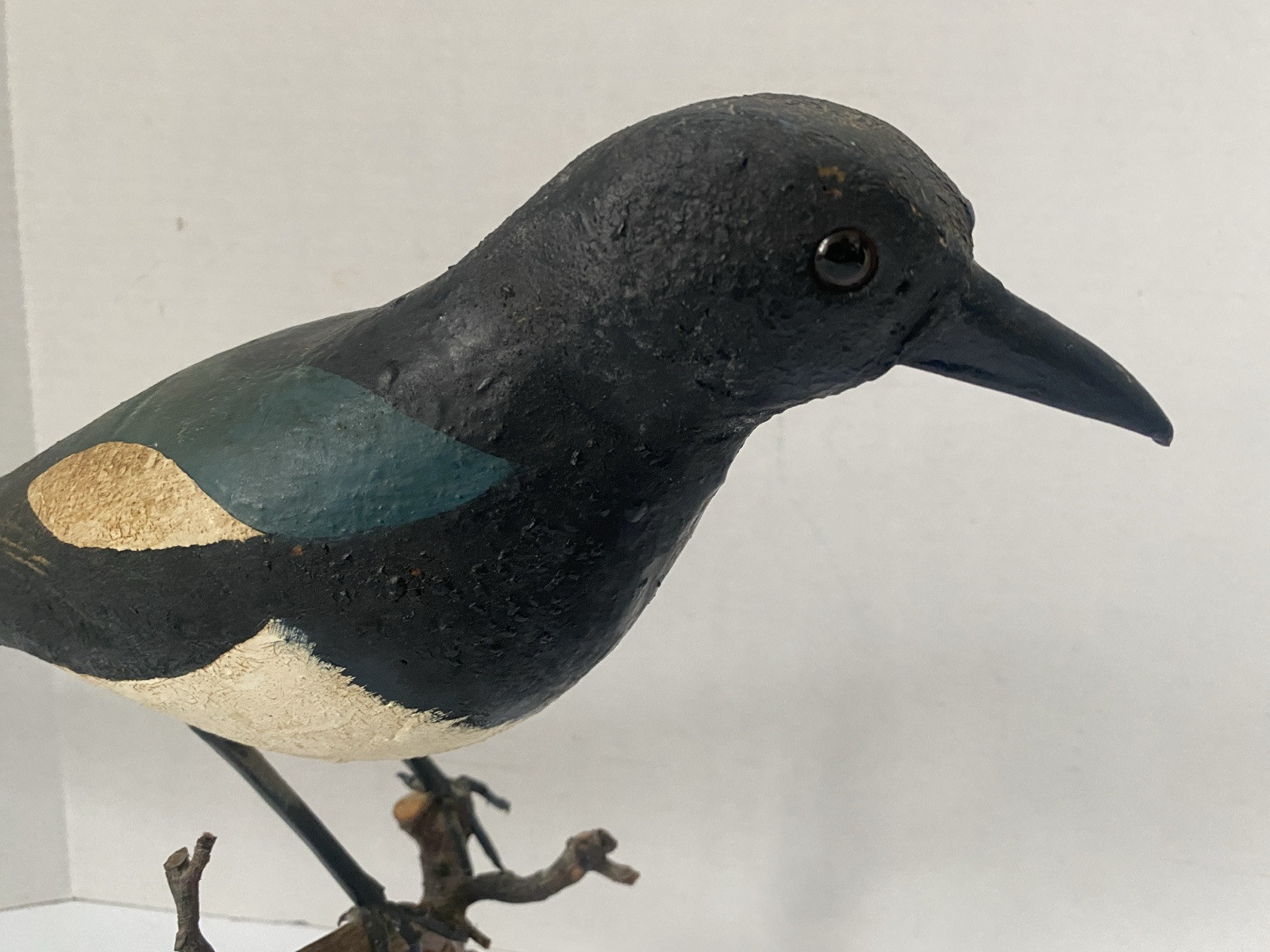 Vintage Magpie Bird Decorative Decoy, Glass Eyes, Wire Legs, Hand Painted