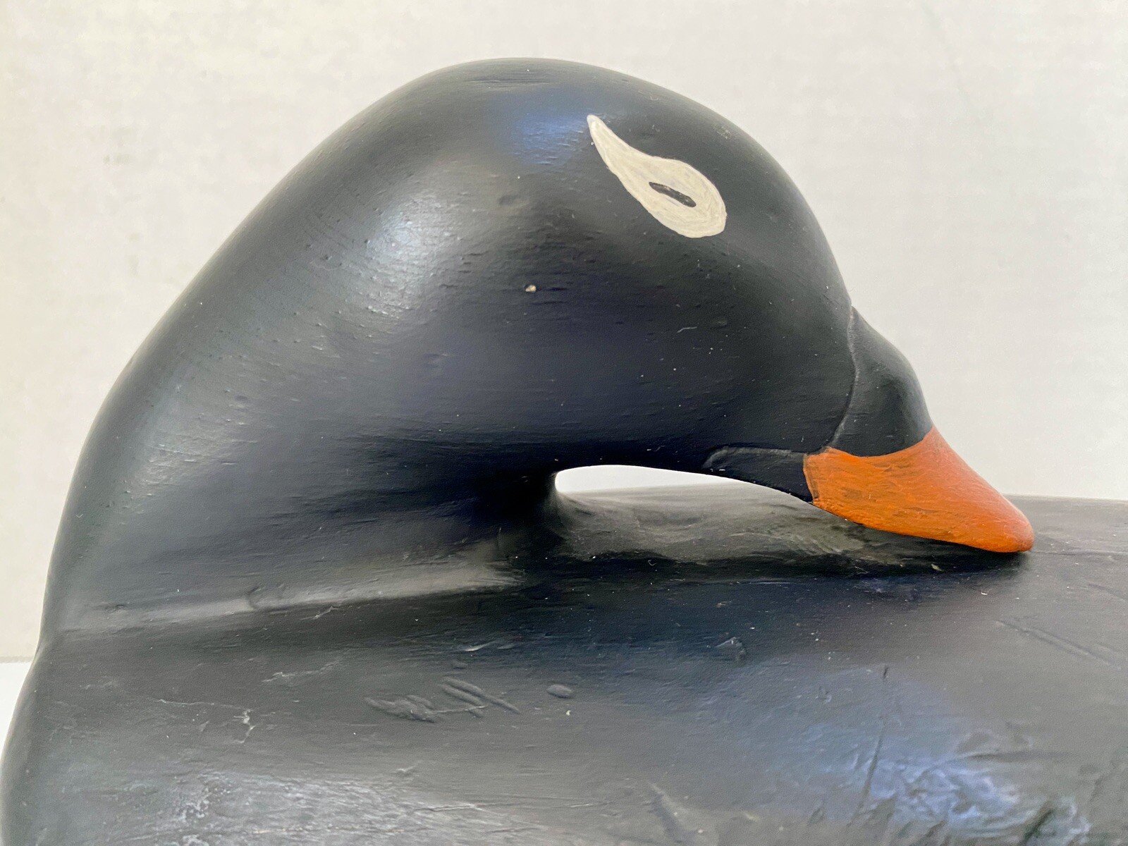 Carved Scoter Duck Decoy, Turned Back Head Position, Solid Body, Painted Eyes