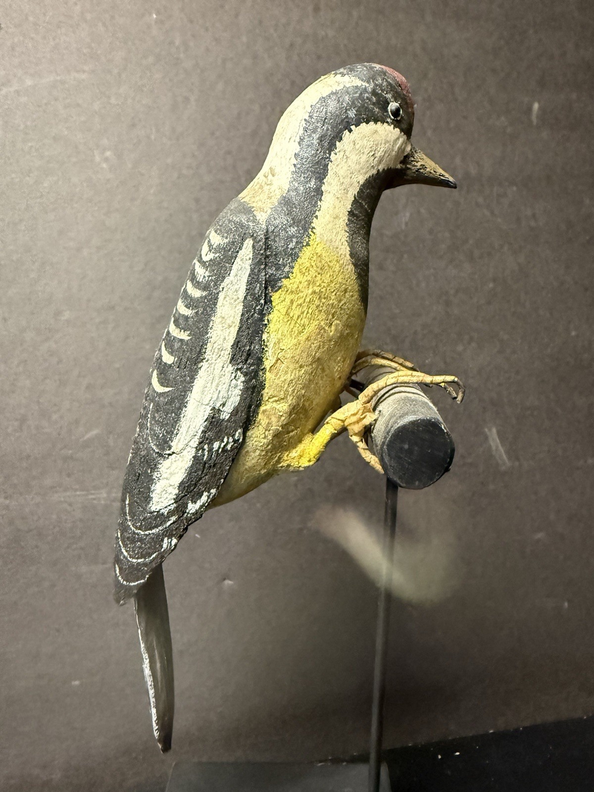 Yellow-bellied Sapsucker Carved Decoy on Display Perch/Stand, Antique, Unsigned