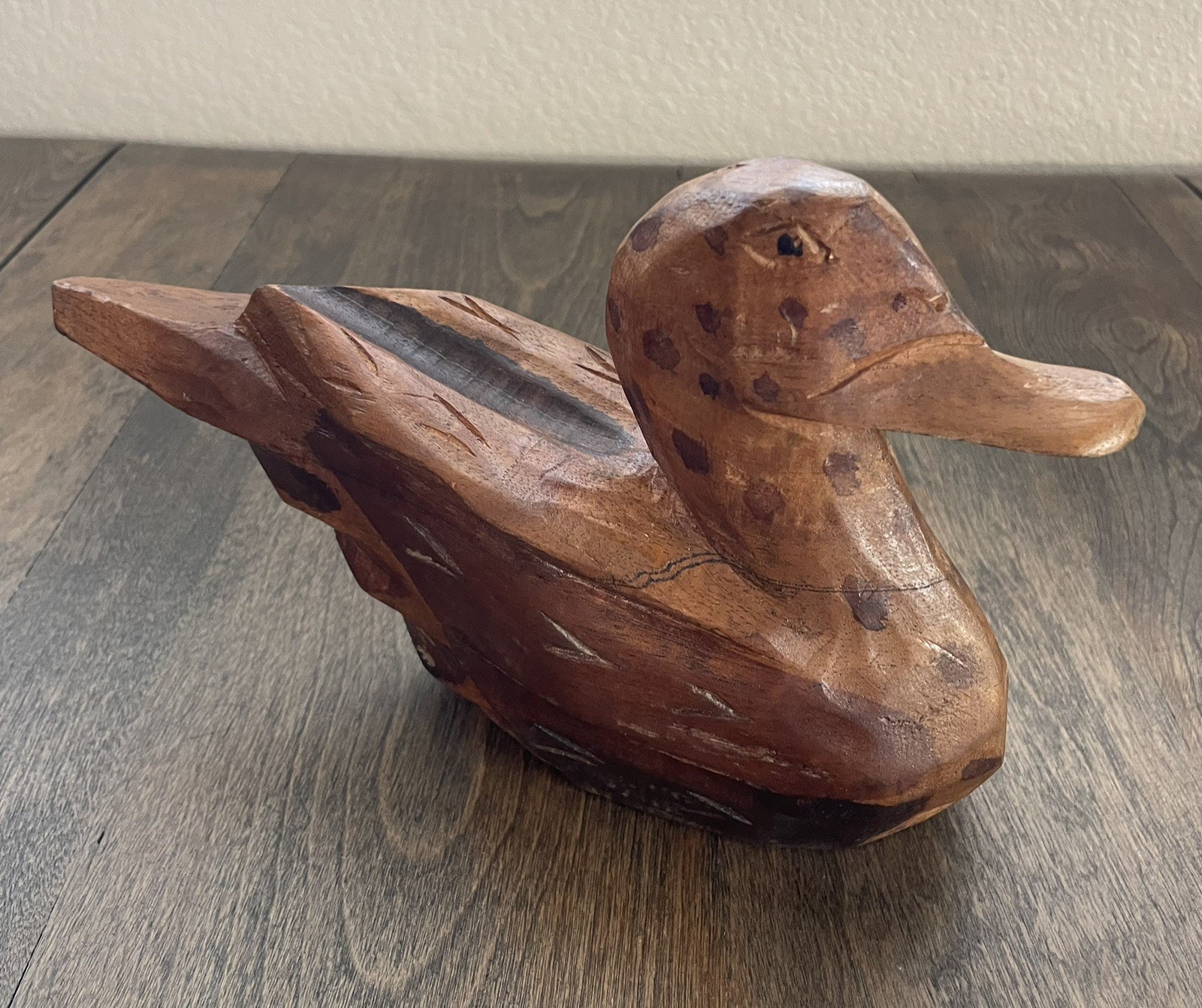 Solid Wood Duck Decoy Handmade & Carved Gorgeous Details 9” Long Wood Duck Decor
