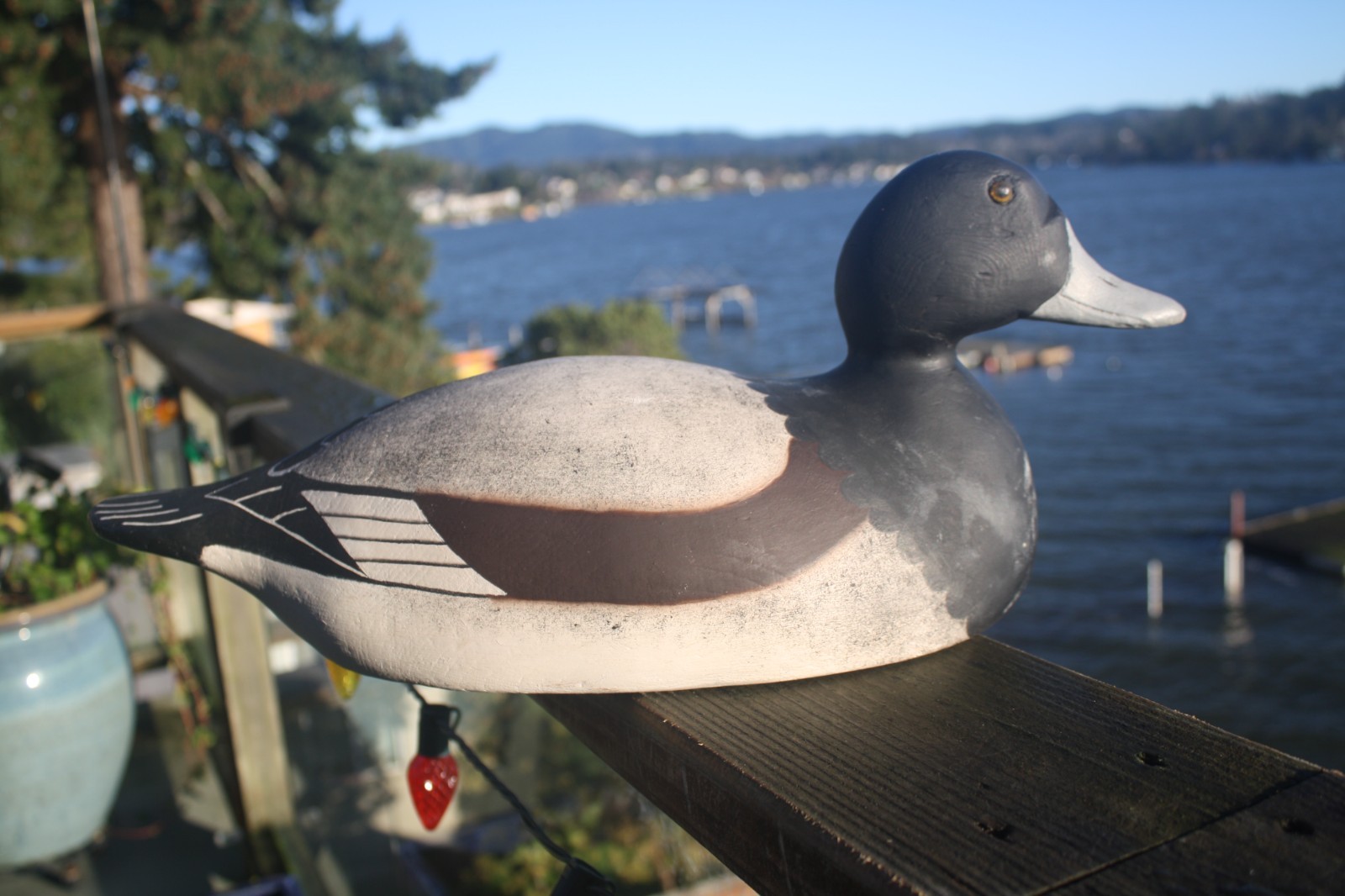 Bluebill Drake decoy by unknown, OP, solid wood, glass eyes.