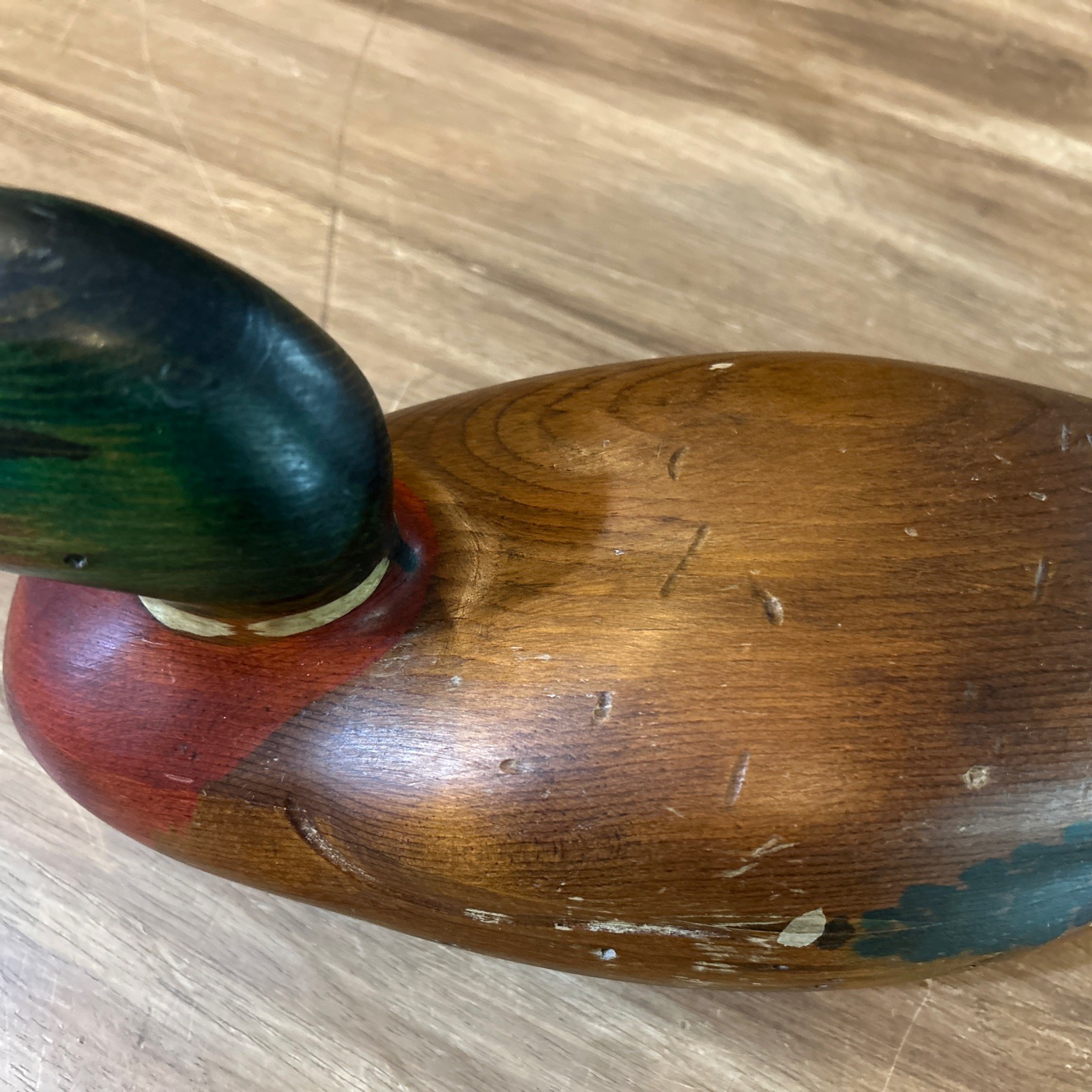 VINTAGE TOM TABER CARVED WOODEN DUCK DECOY – 15.5” LONG MALLARD DRAKE