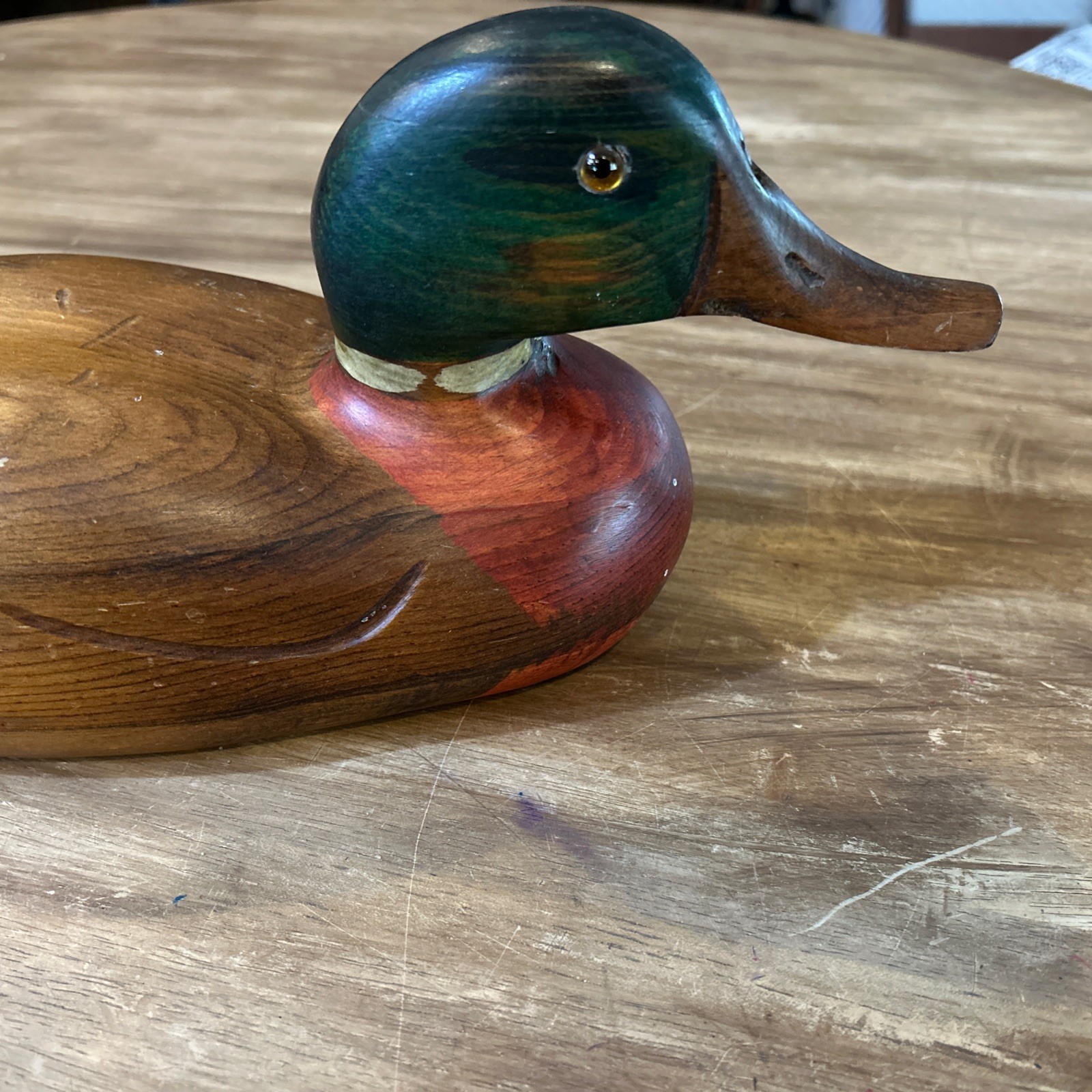 VINTAGE TOM TABER CARVED WOODEN DUCK DECOY – 15.5” LONG MALLARD DRAKE