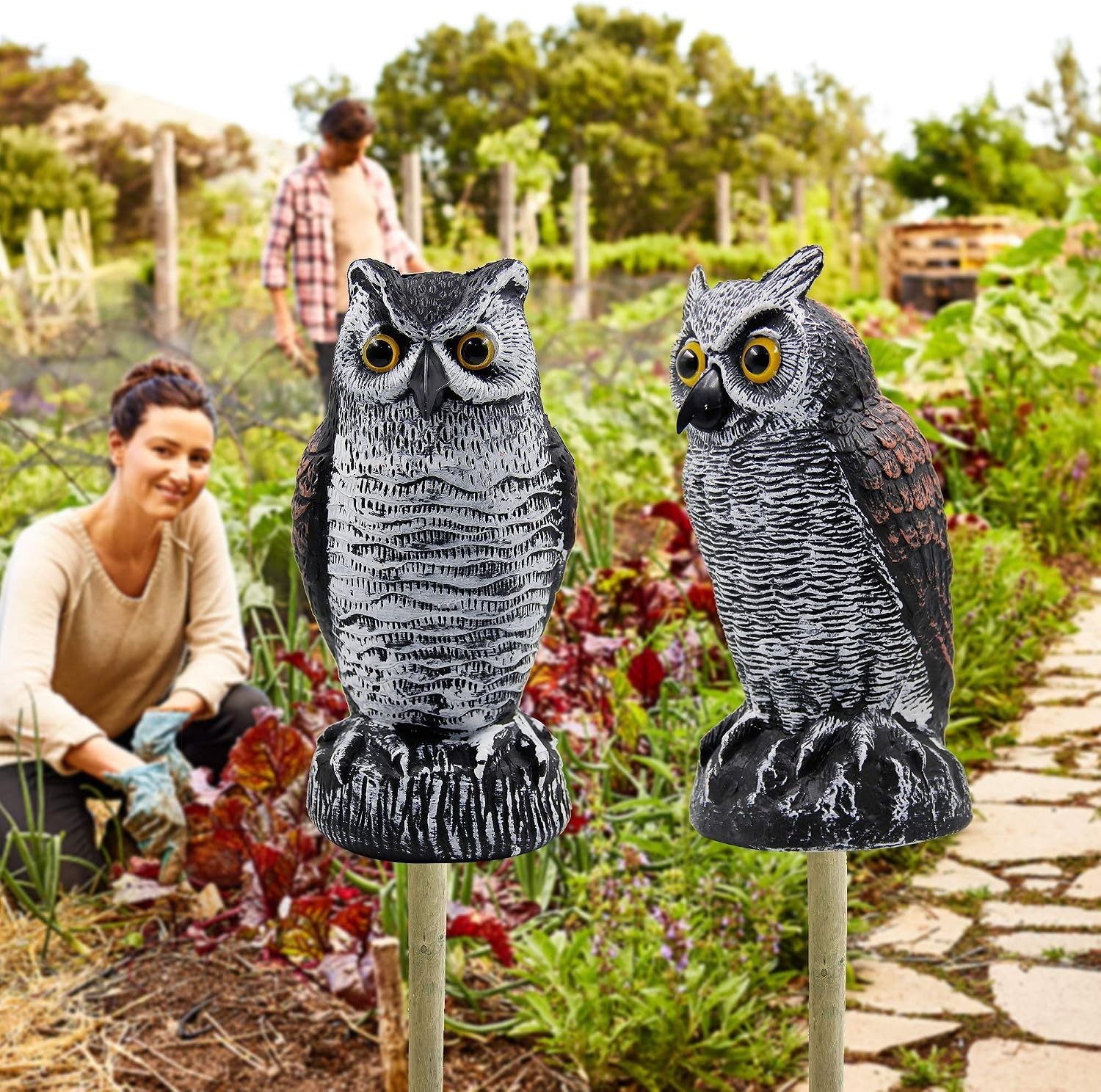 2 Pack Realistic Horned Owl Decoys 10.5” – Eco-Friendly Birds Scarecrow